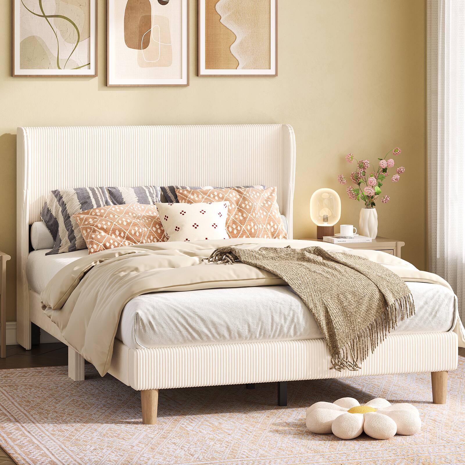 Left. Bestier - Wood Frame Corduroy Upholstered Platform Bed Frame with Wingback Headboard - Off White.