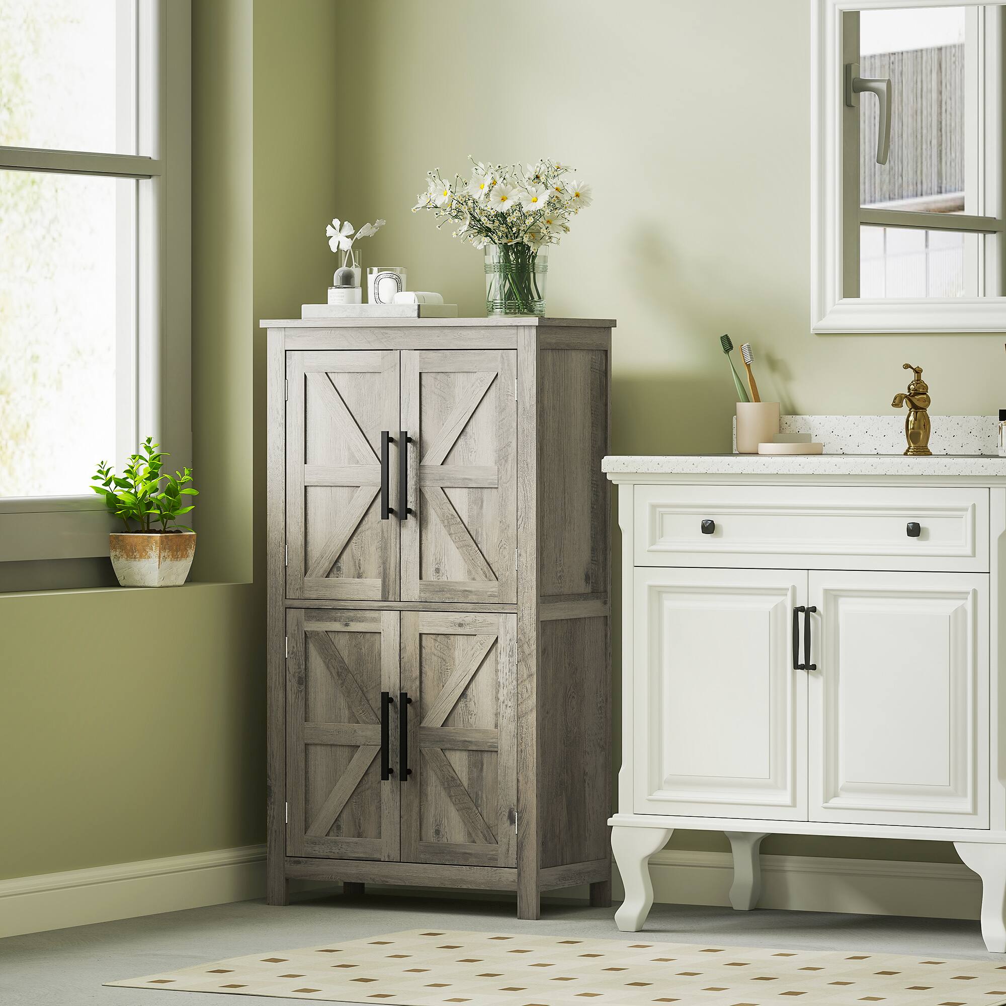 Alt View 1. Homcom - Floor Storage Cabinet, Farmhouse Bathroom Cabinet with 4 Doors and Adjustable Shelf - Light Gray.
