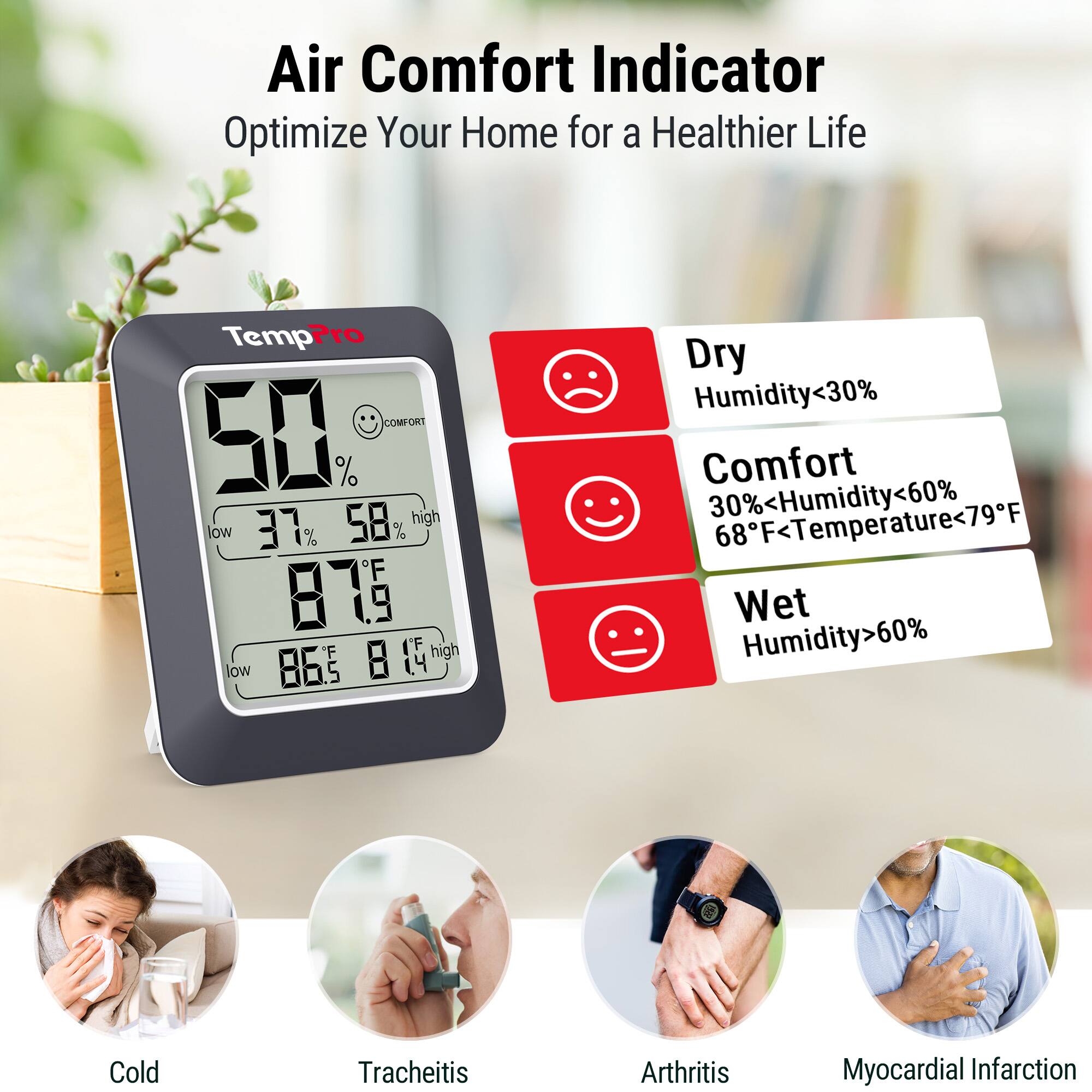 Air Comfort Indicator  
Optimize Your Home for a Healthier Life  

TempPro COMFORT  
50%  
58% high  
37% low  
87.9°F  
86.5°F low  
81.4°F high  

Dry  
Humidity < 30%  

Comfort  
30% < Humidity < 60%  
68°F < Temperature < 79°F  

Wet  
Humidity > 60%  

Cold  
Tracheitis  
Arthritis  
Myocardial Infarction
