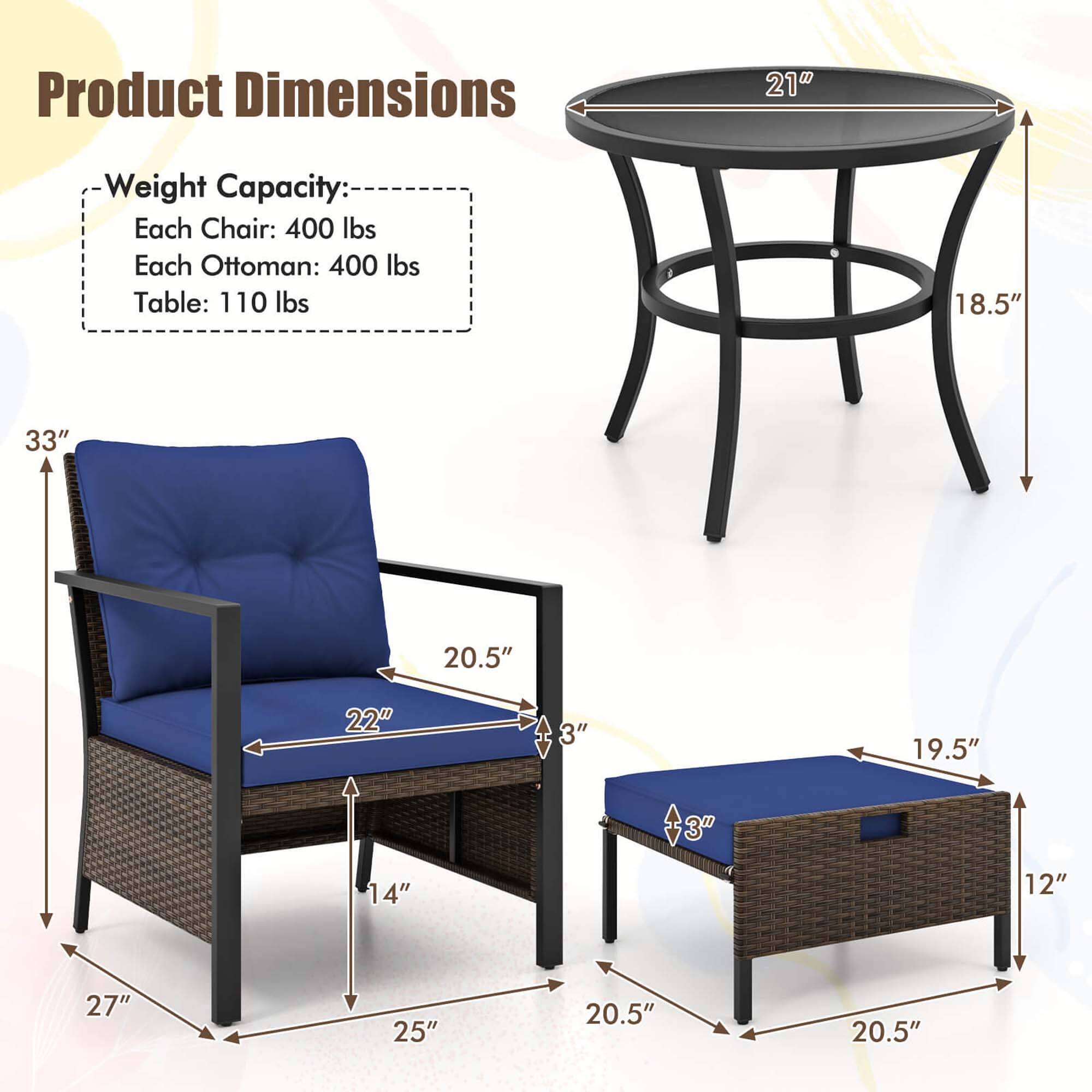Product Dimensions:
- Chair: 21"
- Ottoman: 21"
- Table: 21"

Weight Capacity:
- Chair: 400 lbs
- Ottoman: 400 lbs
- Table: 110 lbs

Measurements:
- Chair: 33" x 20.5" x 22"
- Ottoman: 27" x 25" x 20.5"
- Table: 19.5" x 14" x 3"