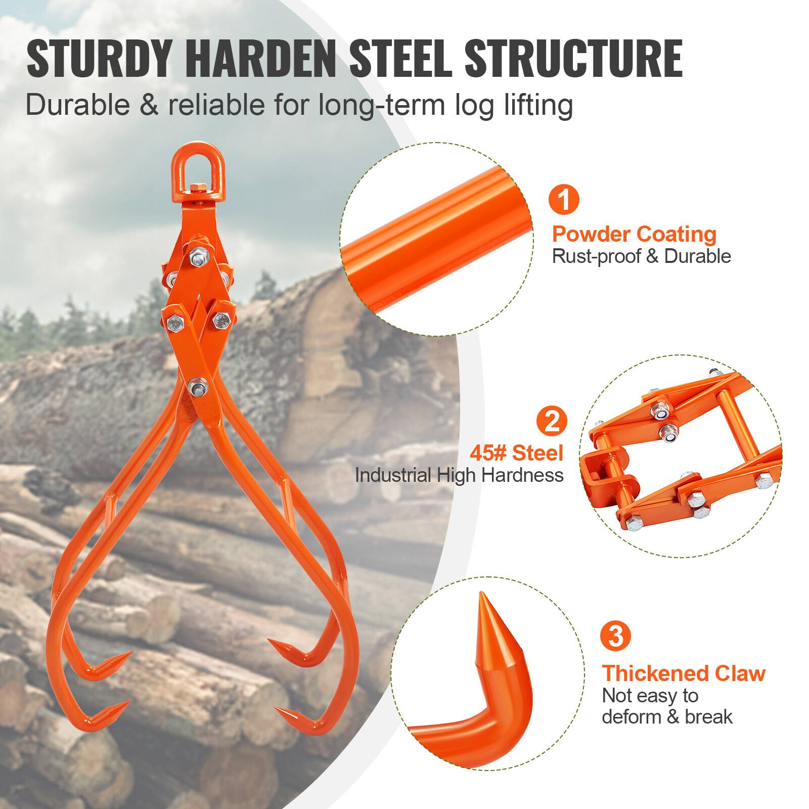 STURDY HARDEN STEEL STRUCTURE  
Durable & reliable for long-term log lifting  

1. Powder Coating  
Rust-proof & Durable  

2. 45# Steel  
Industrial High Hardness  

3. Thickened Claw  
Not easy to deform & break