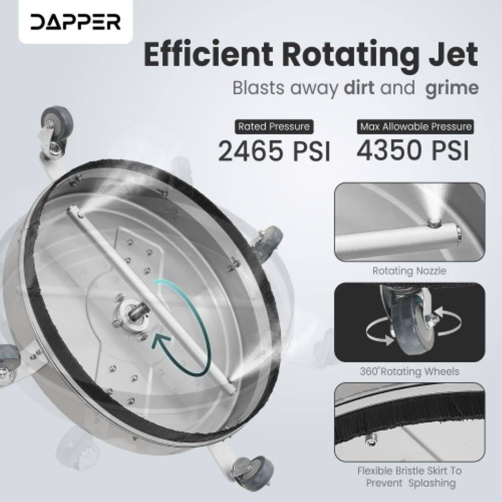 DAPPER Efficient Rotating Jet Blasts away dirt and grime  
Rated Pressure: 2465 PSI  
Max Allowable Pressure: 4350 PSI  
Rotating Nozzle  
360° Rotating Wheels  
Flexible Bristle Skirt To Prevent Splashing