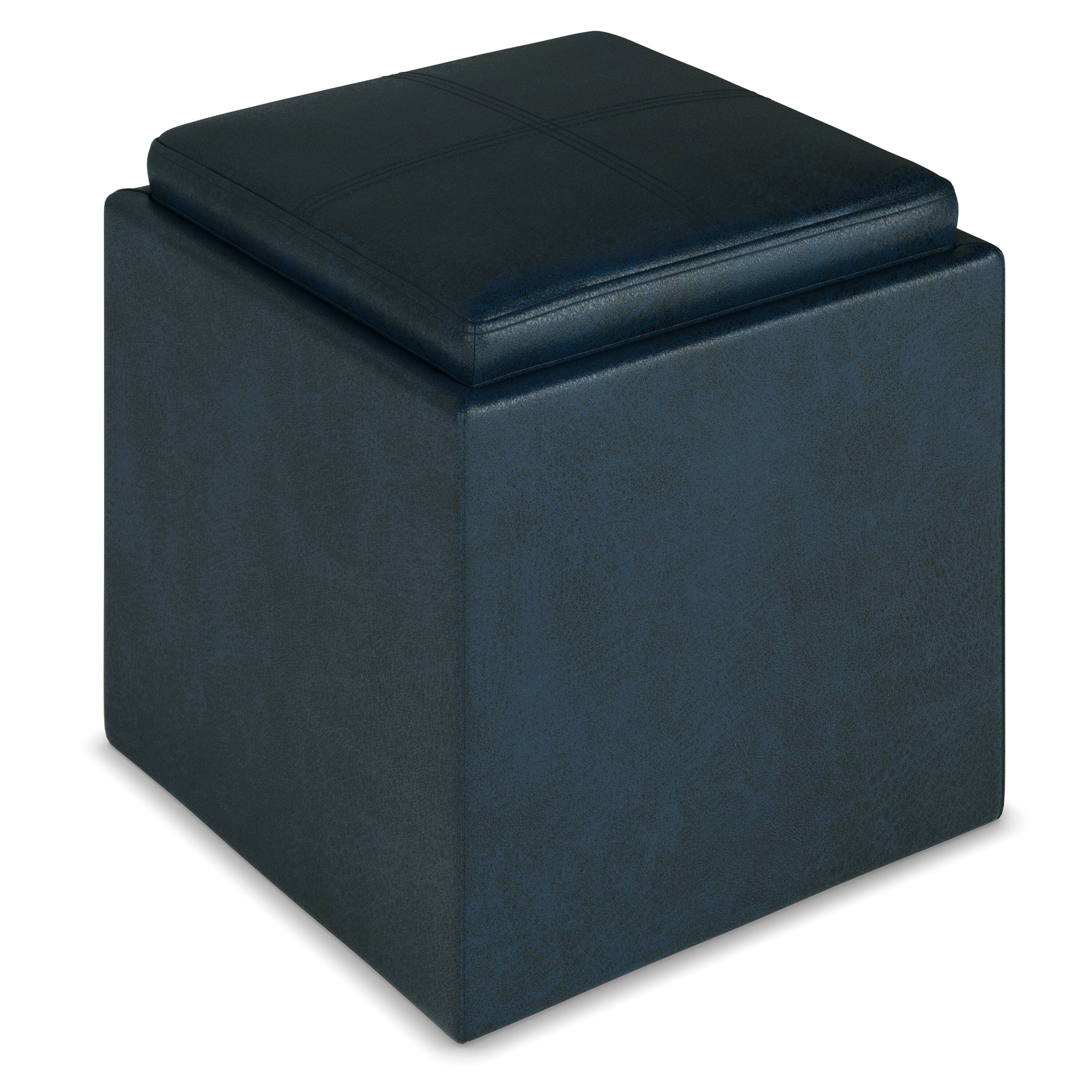 Alt View 11. Simpli Home - Rockwood Cube Storage Ottoman with Tray - Distressed Dark Blue.