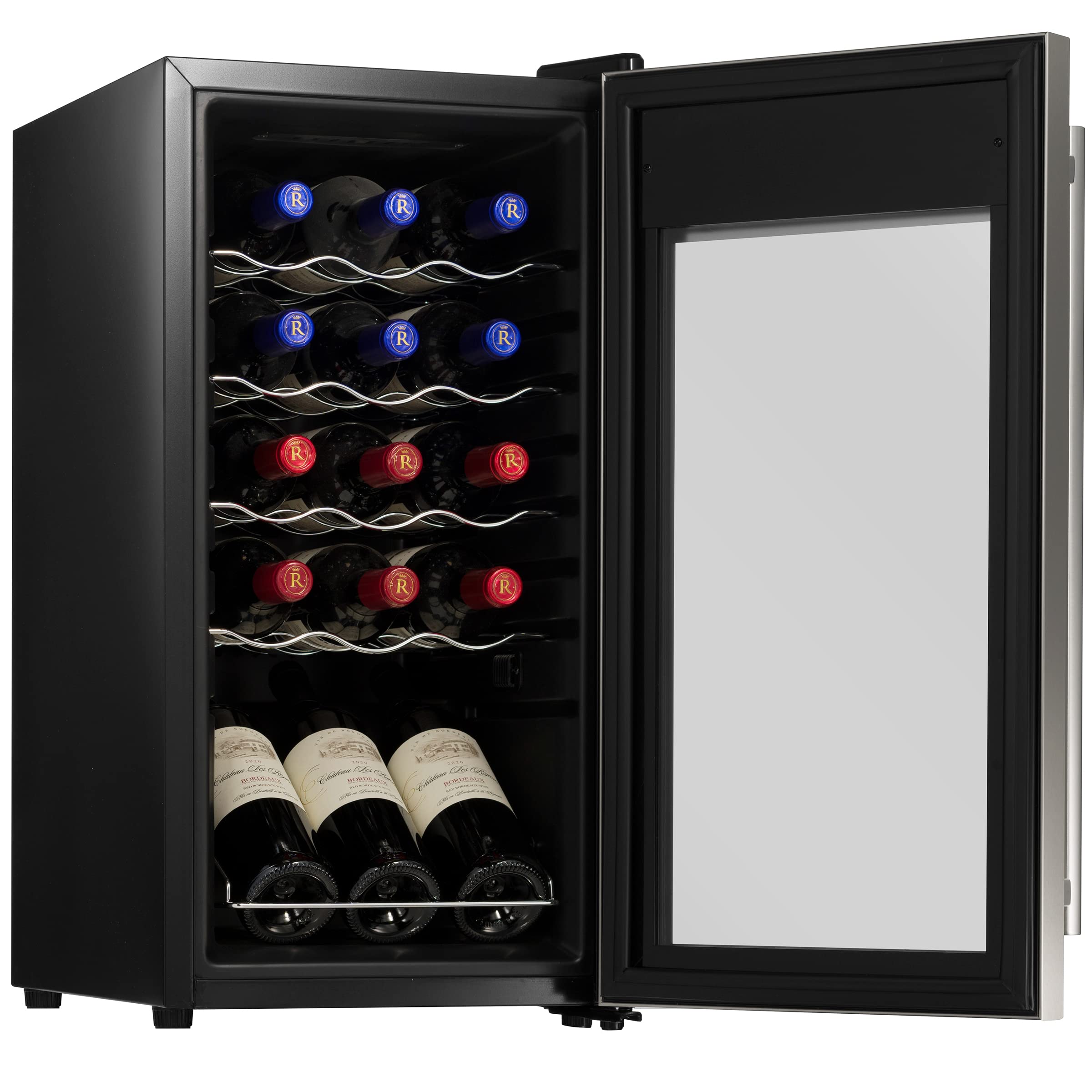 Left. NutriChef - NutriChef 15-Bottle Wine Fridge, Adjustable Temp 41°F-64°F, Ultra Quiet Operation, Mini Cooler (PKCWC15) - Stainless Steel.