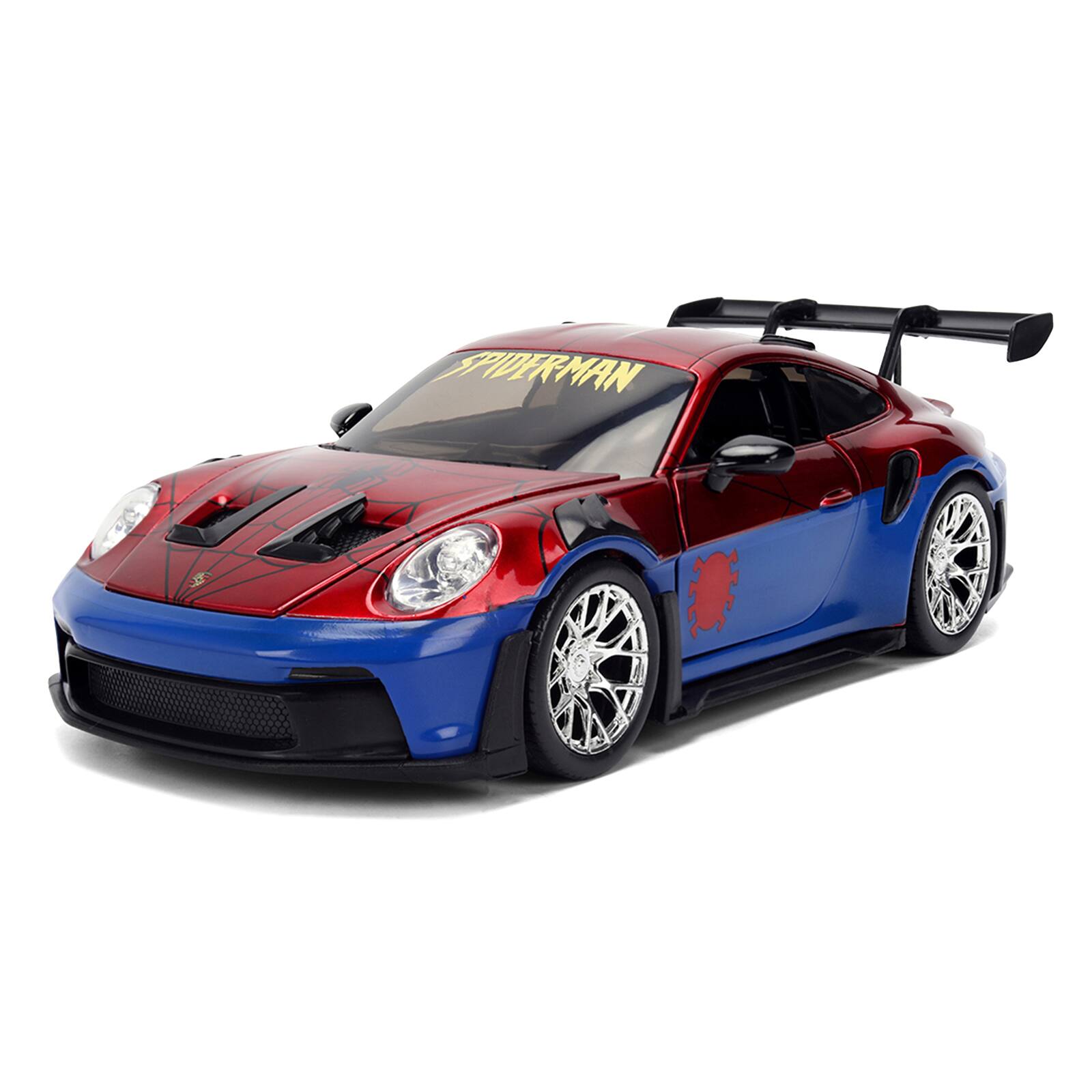 Alt View 1. Jada - Porsche 911 GT3 RS (992) Red and Blue with Graphics and Figure "Marvel Spider-Man" 1/24 Diecast Model Car by Jada.