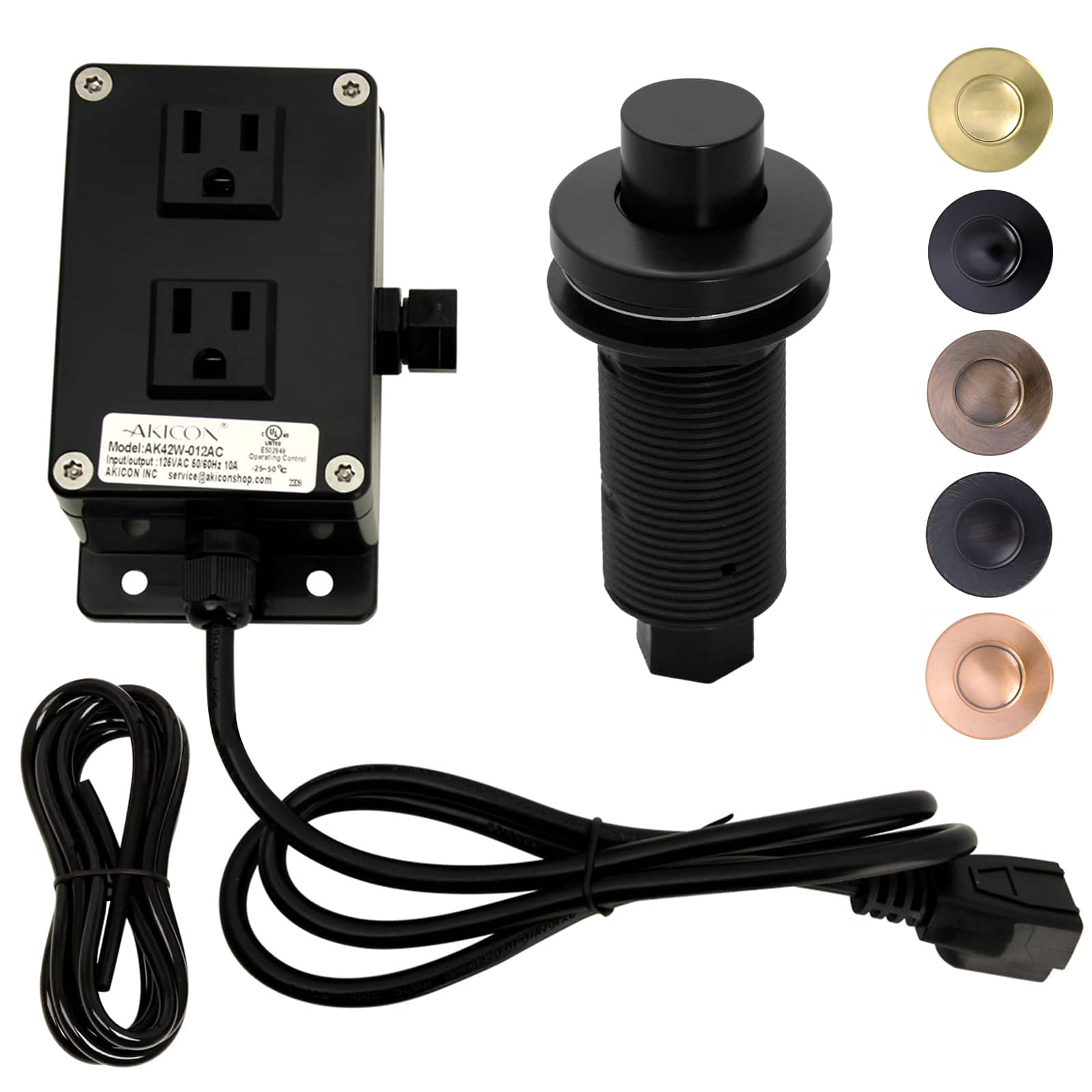 Akicon - Brass Air Switch Kit for Garbage Disposal with Dual Outlet Sink Top On/Off Push Button - Matte Black