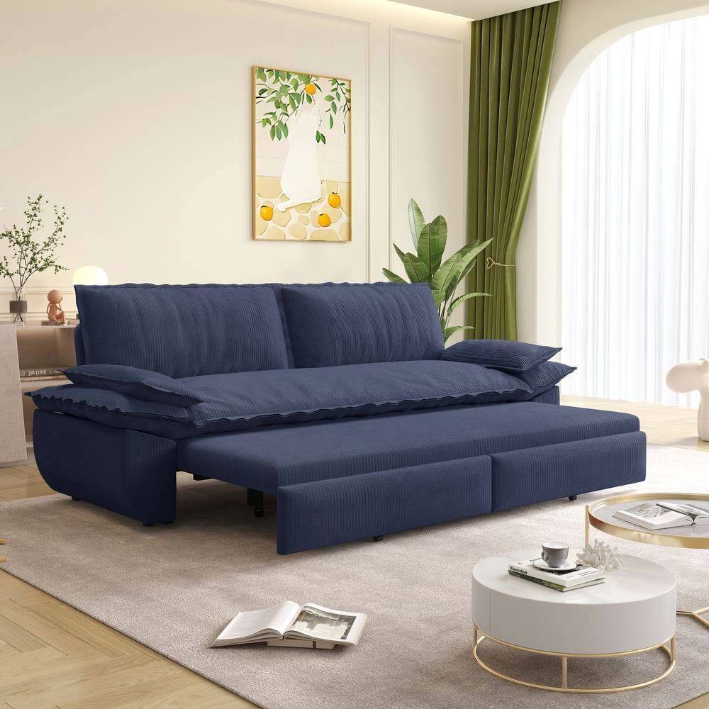 Left. Kadyn - 73.2" Queen Pull Out Sofa Bed, 3-in-1 Convertible Sleeper Sofa, Corduroy Loveseat Bed - Blue.