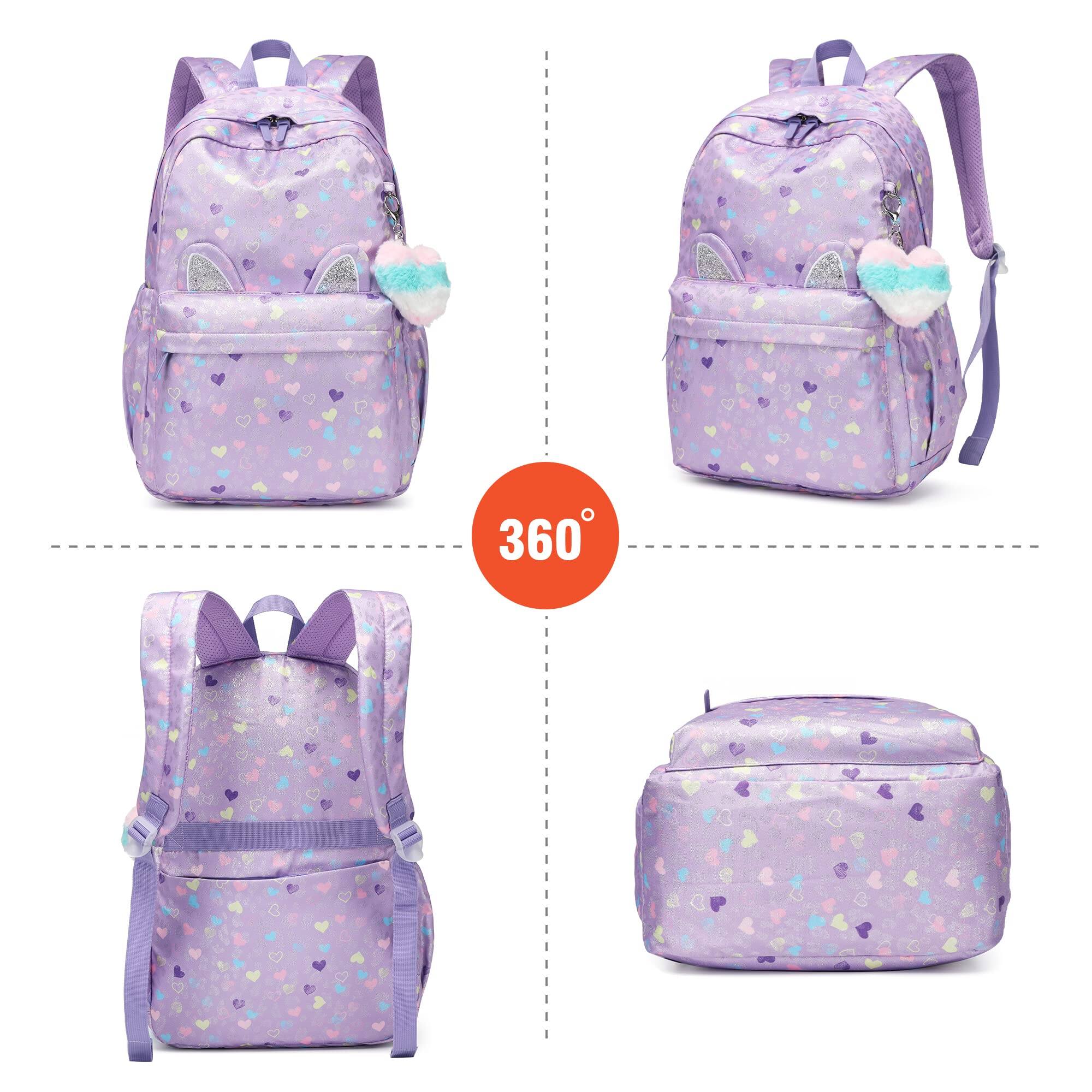 Alt View 4. Cozy Serene - Backpack Light Purple Waterproof Large Space School Suitable For Over 6 Years Old Lightweight Travel Cat Ear Heart - Purple.