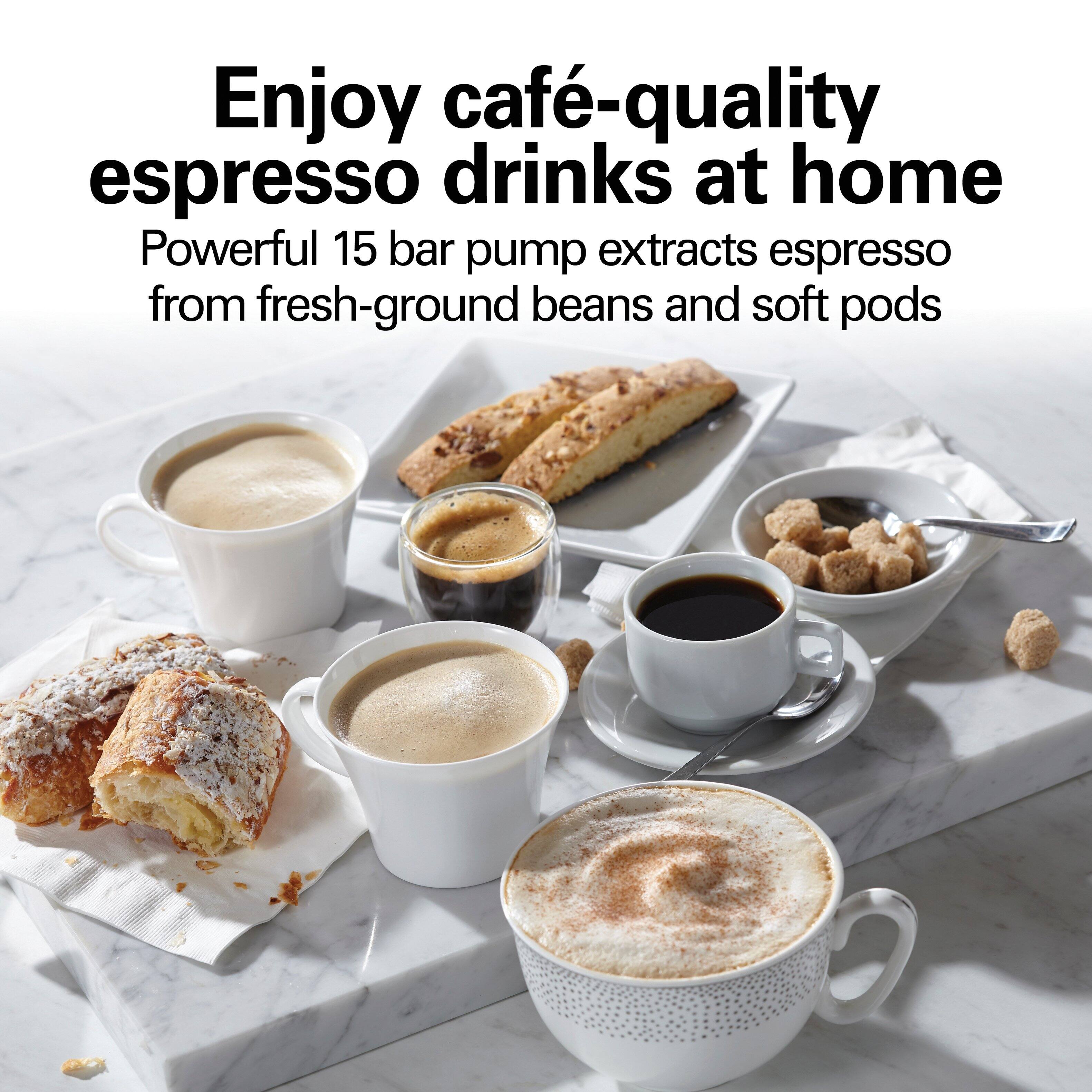 Enjoy café-quality espresso drinks at home

Powerful 15 bar pump extracts espresso from fresh-ground beans and soft pods