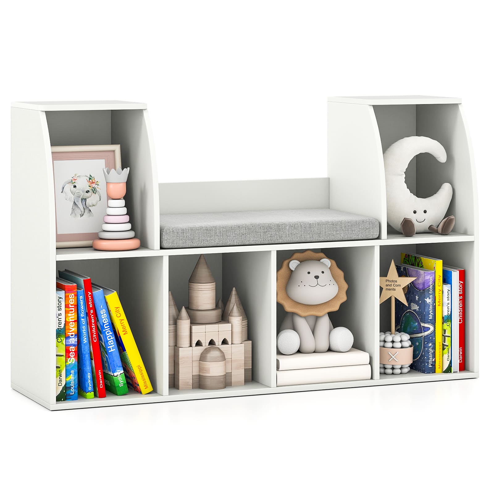 Gymax - 40''Kids Bookshelf w/Reading Nook 6 Storage Cubbies & Seat Cushion for Playroom - White