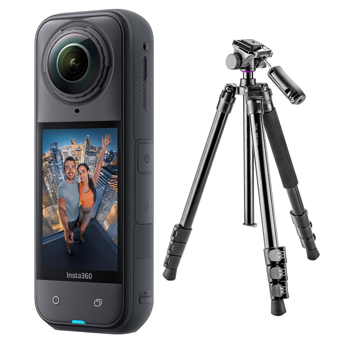 Front. Insta360 - Insta360 X5 8K 360 Action Camera, Midnight Black, Bundle with Flip-Zip 4-Section Aluminum Photo Tripod/Monopod.