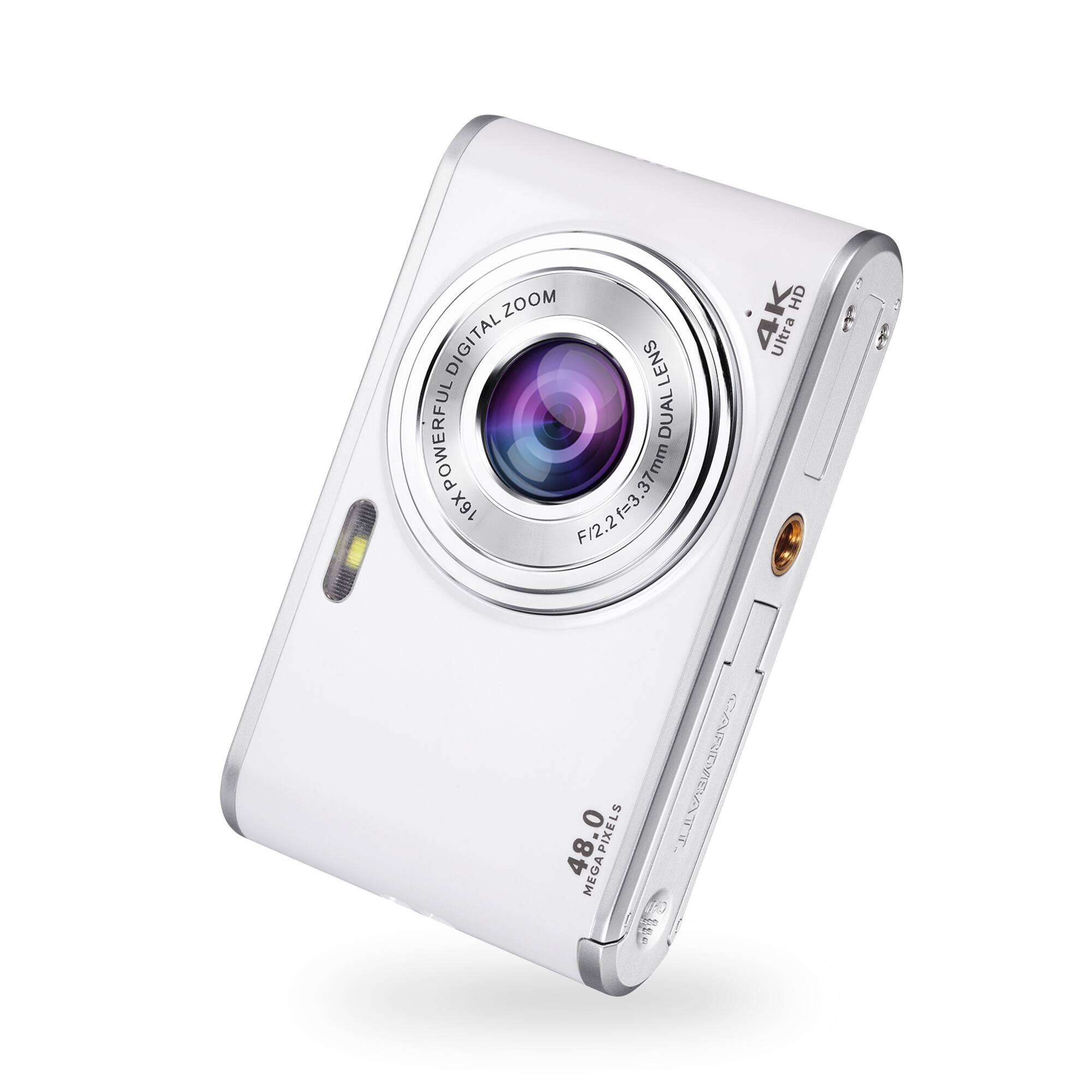 HOM - 4K Portable Digital Camera, 48 MP with 16x Digital Zoom & Autofocus, 4K HD Video Camera for Vlogging - 32 GB TF Card - White