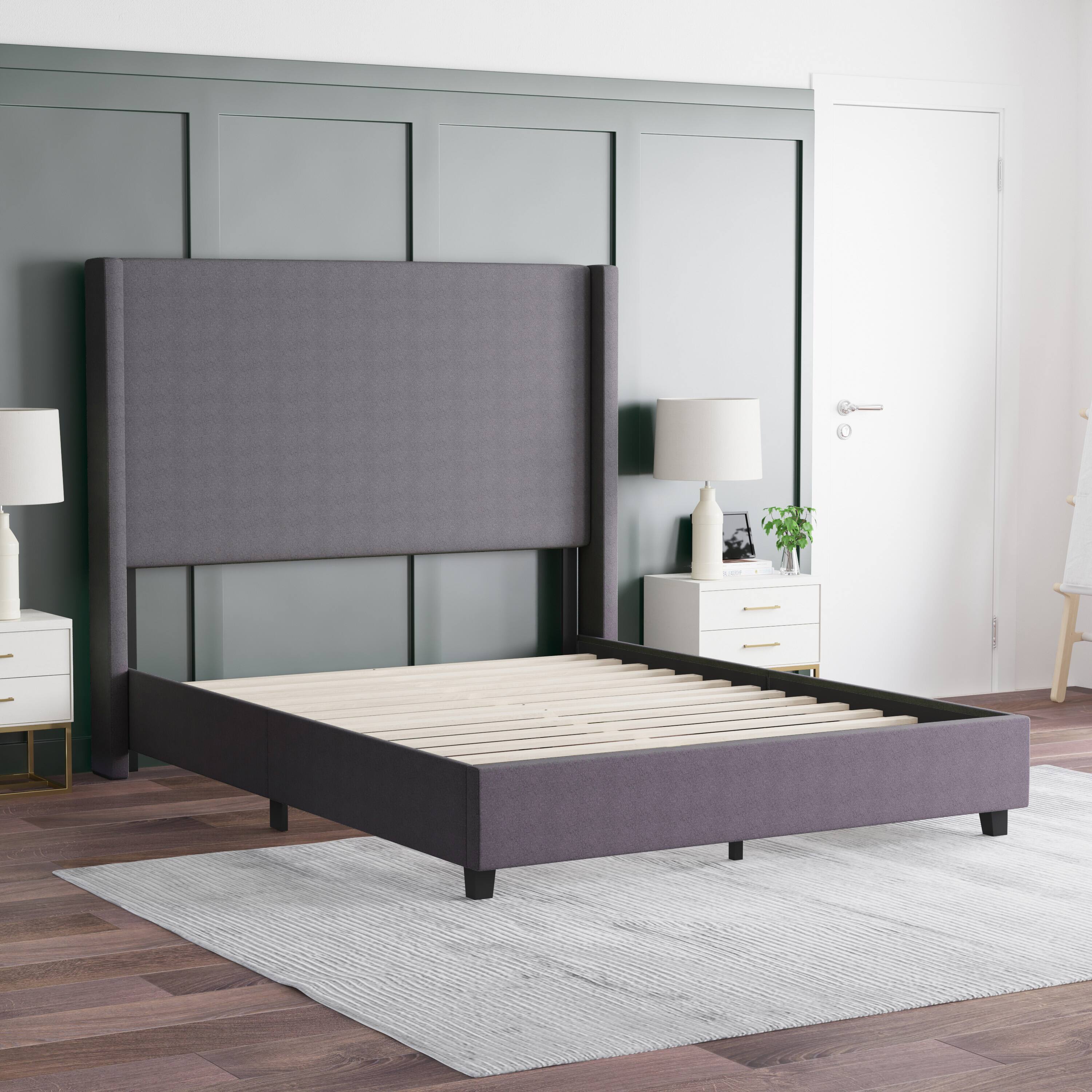 Alt View 3. Emma + Oliver - Nora upholstered Platform Bed with Plush Padded Wingback Headboard and Wood Support Slats - No Box Spring Needed - Gray.