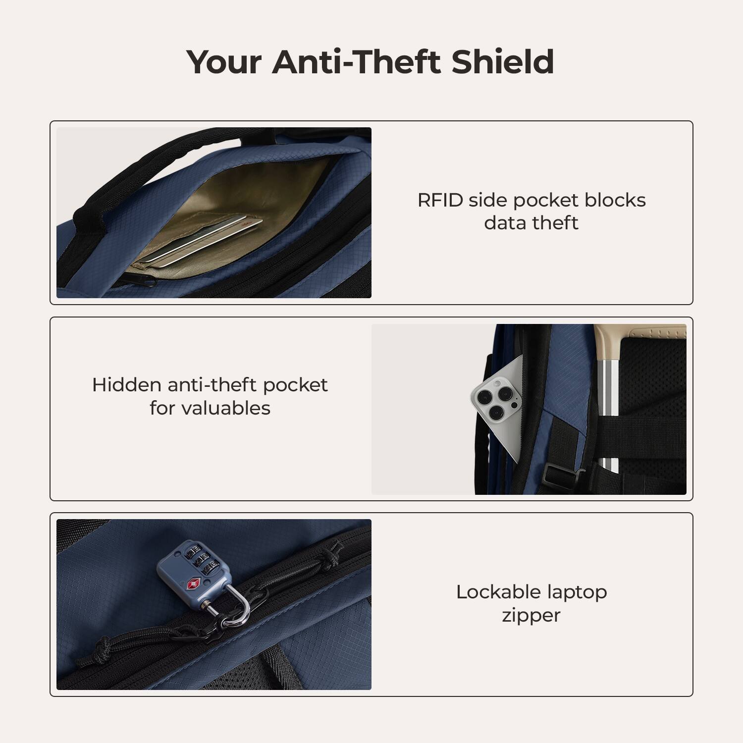 Your Anti-Theft Shield

RFID side pocket blocks data theft

Hidden anti-theft pocket for valuables

Lockable laptop zipper