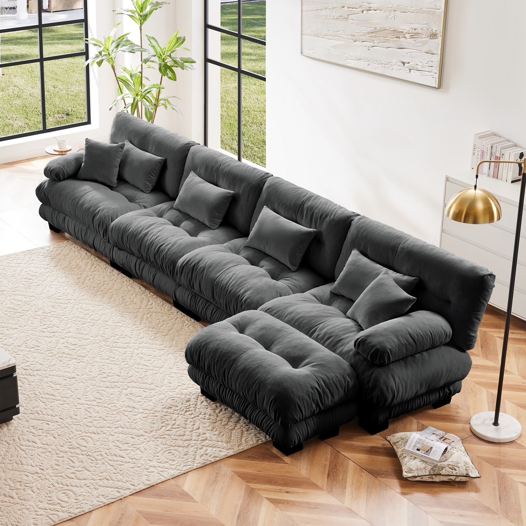 DOMETOUR - Modular Sectional Sofa,L Shaped Couch for Living Room, 4-Seater Comfy Cloud Couch with Convertible Ottoman - Chenille Gray