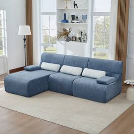 Whisen - Modular L-Shaped Sectional Compressed Sofa with Soft Corduroy Upholstery, No Assembly Required - Blue