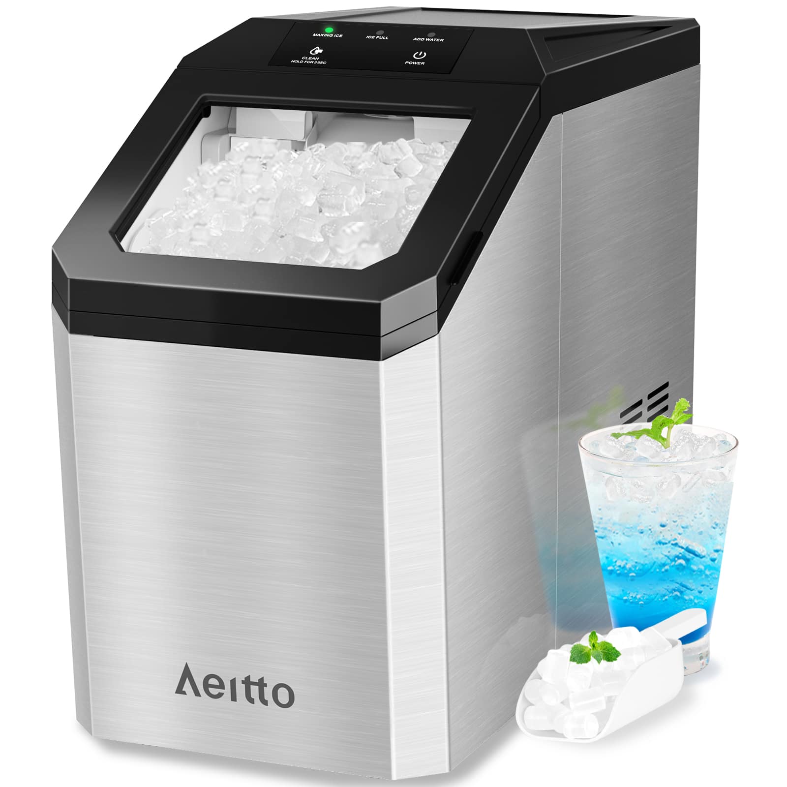 Aeitto - Nugget Ice Maker Countertop, 55lbs/24H, Rapid Ice Release in 5 Mins Chewable Ice Maker - Silver