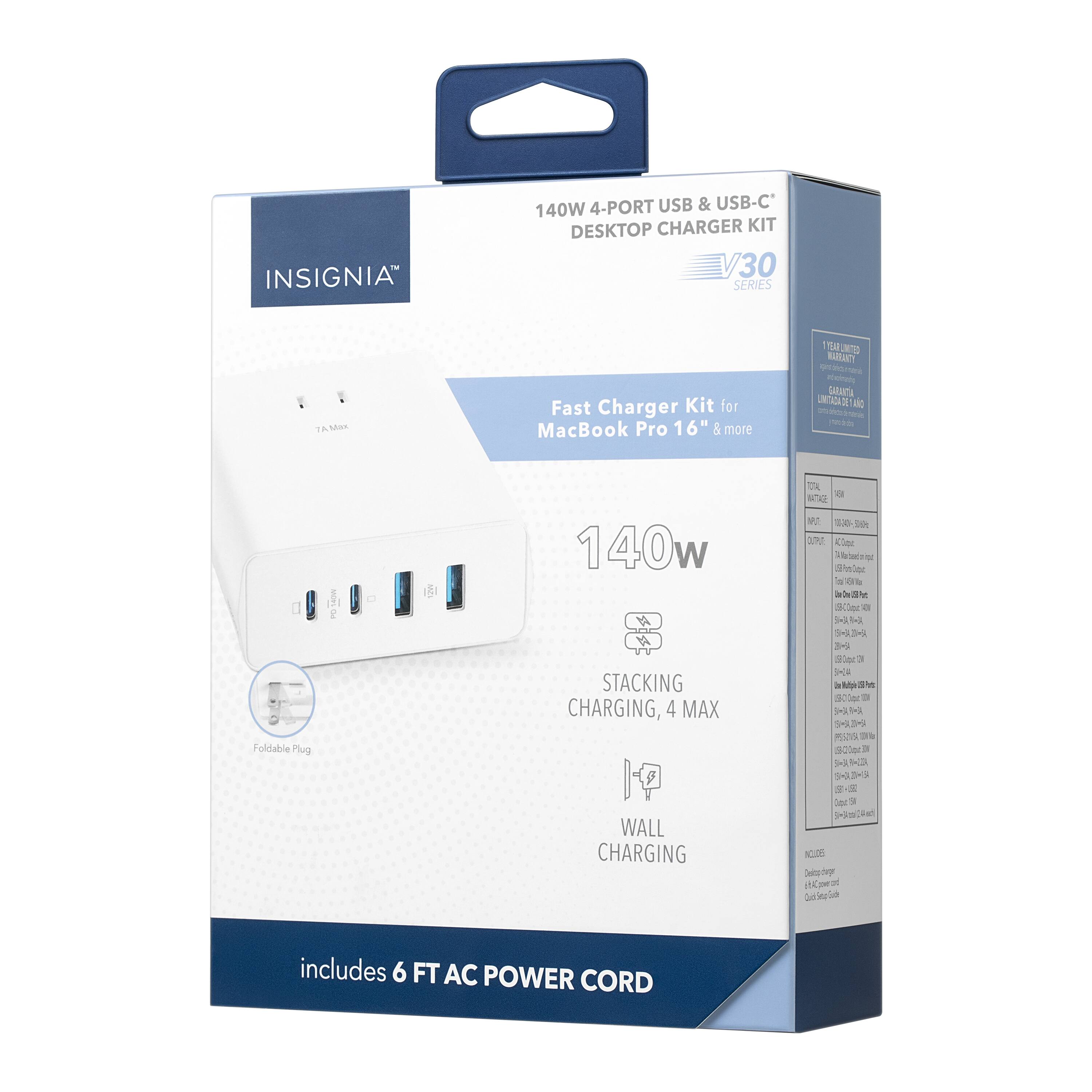 INSIGNIA 140W 4-PORT USB & USB-C' DESKTOP CHARGER KIT 730 SERIES - UN utan 1A Fast Charger Kit for MacBook Pro 16" & more. Includes 6 FT AC Power Cord.