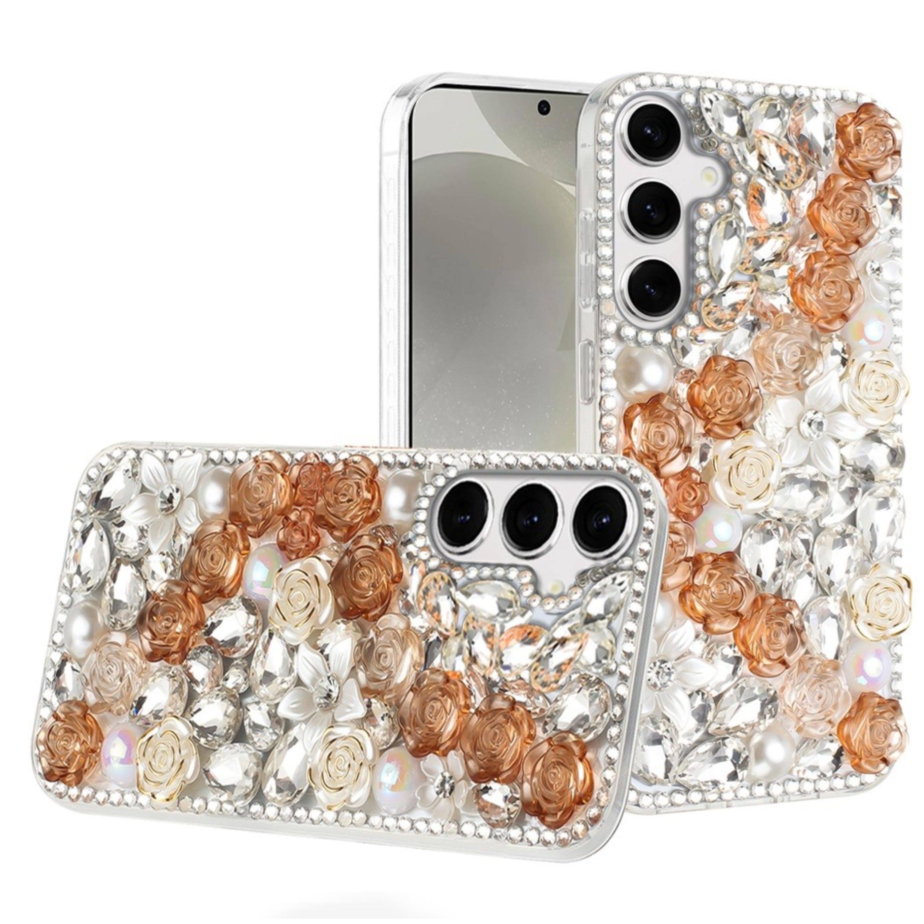 Front. Kitcheniva - Glam 3D Bloom Crystal Case With Tempered Glass For Samsung S25/S24 Gold - Gold.