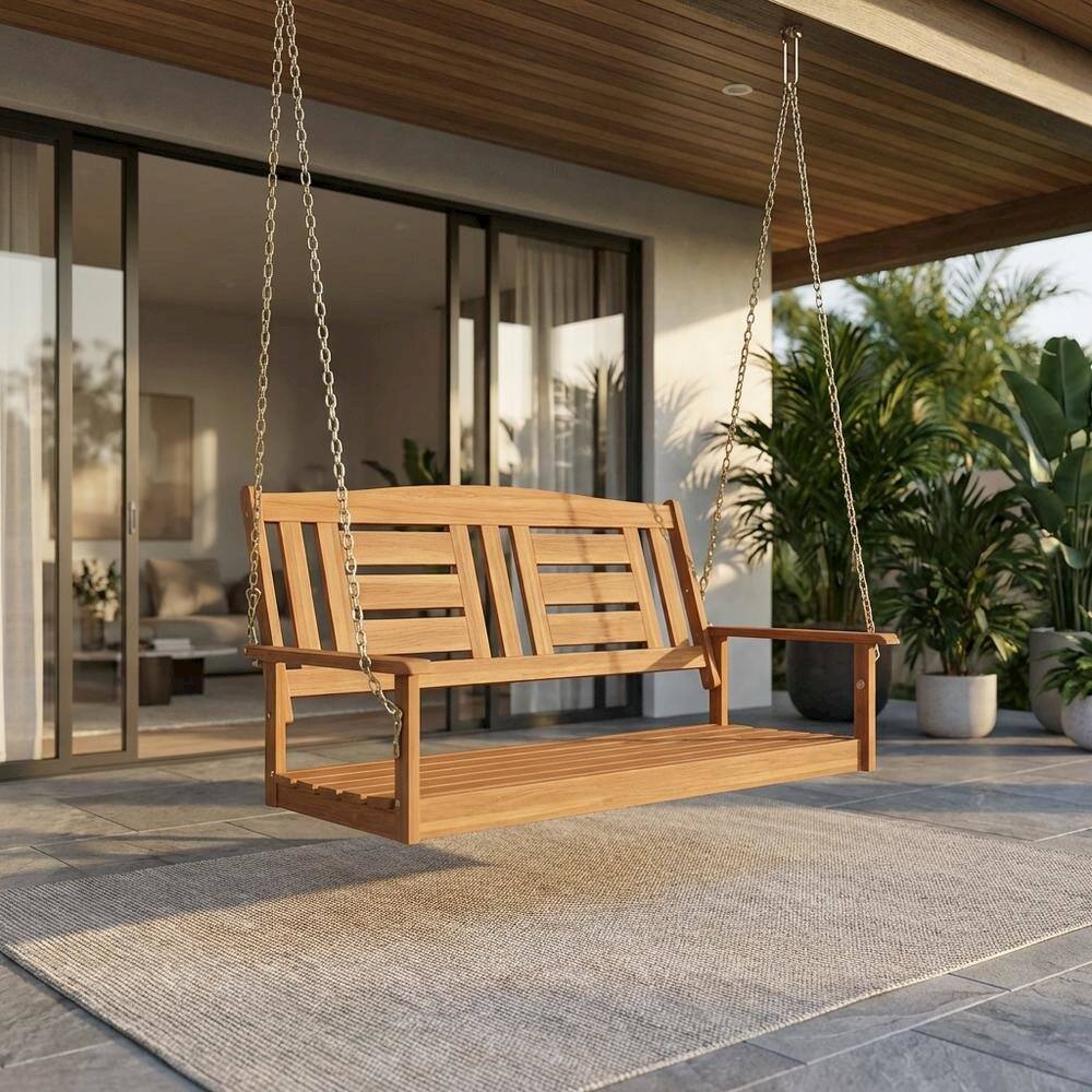 Angle. Outdoor Escape - Teak Oil Finished Wood Swing Chair with Chain for Outdoor Relaxation - Light Wood.
