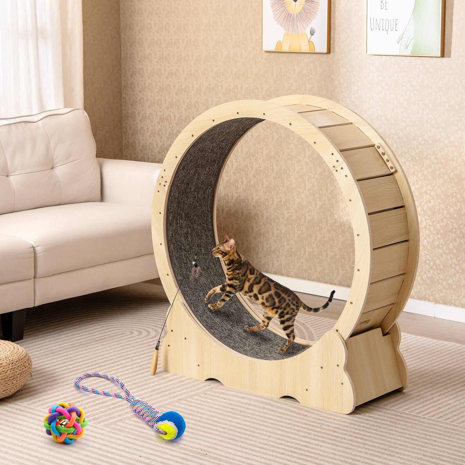 Alt View 1. Gymax - Gymax Cat Exercise Wheel w/ Carpet & Lockable Mechanism Non-slip Wide Base Wide Base - Natural.
