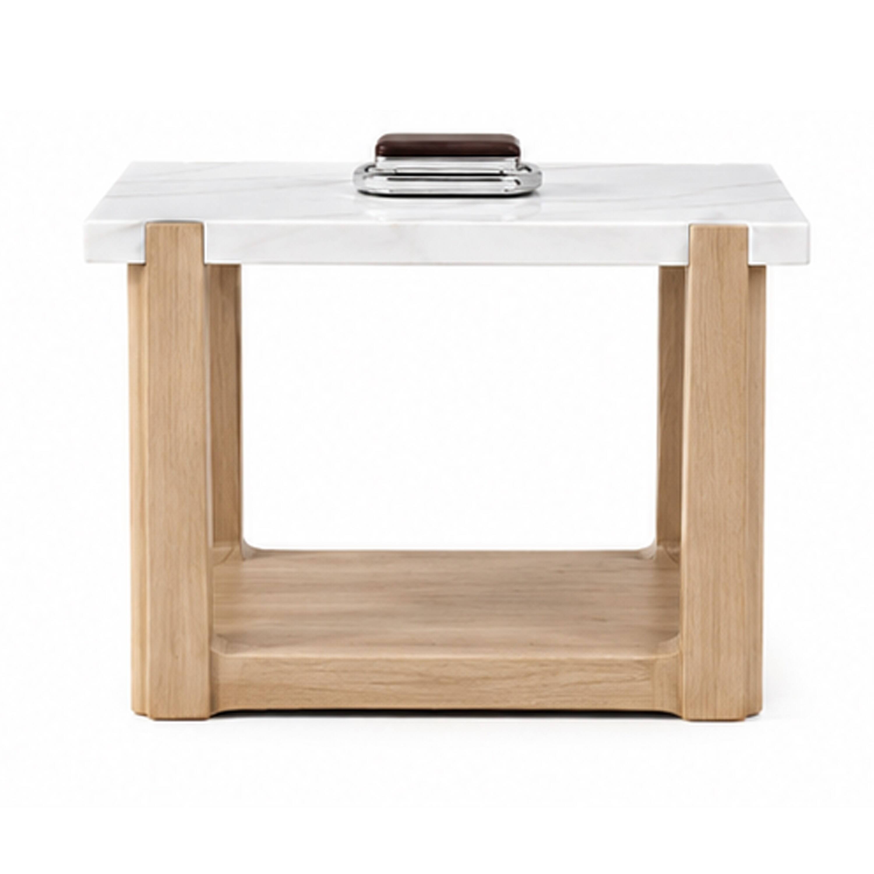 Angle. Manhattan Lane - Sane Side End Table, 24 Inch Faux Marble Top with Shelf - White, Natural Brown.