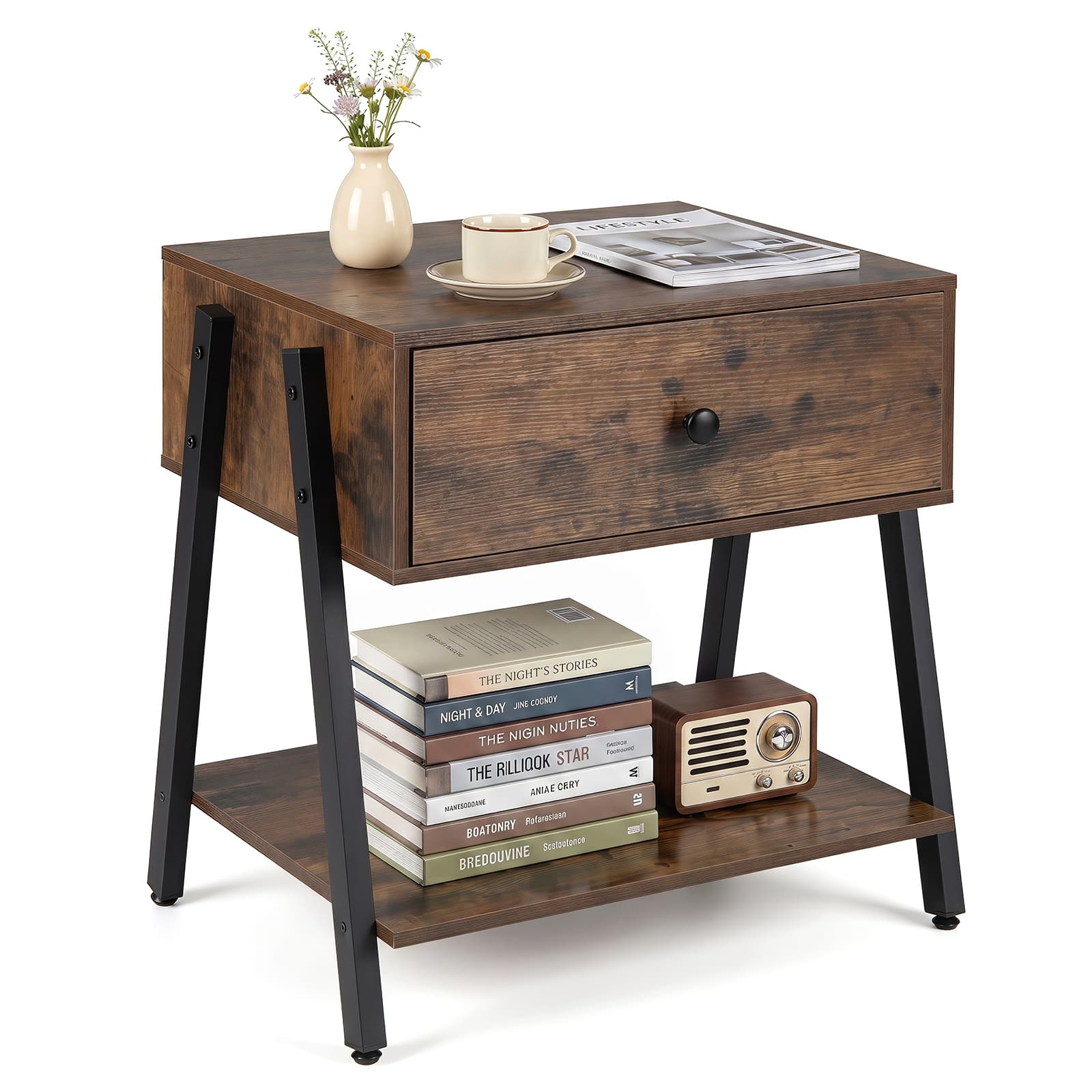 Gymax - Industrial Nightstand w/ Drawer Open Storage Shelf Adjustable Foot Pads - Brown price history on PriceWatchPro