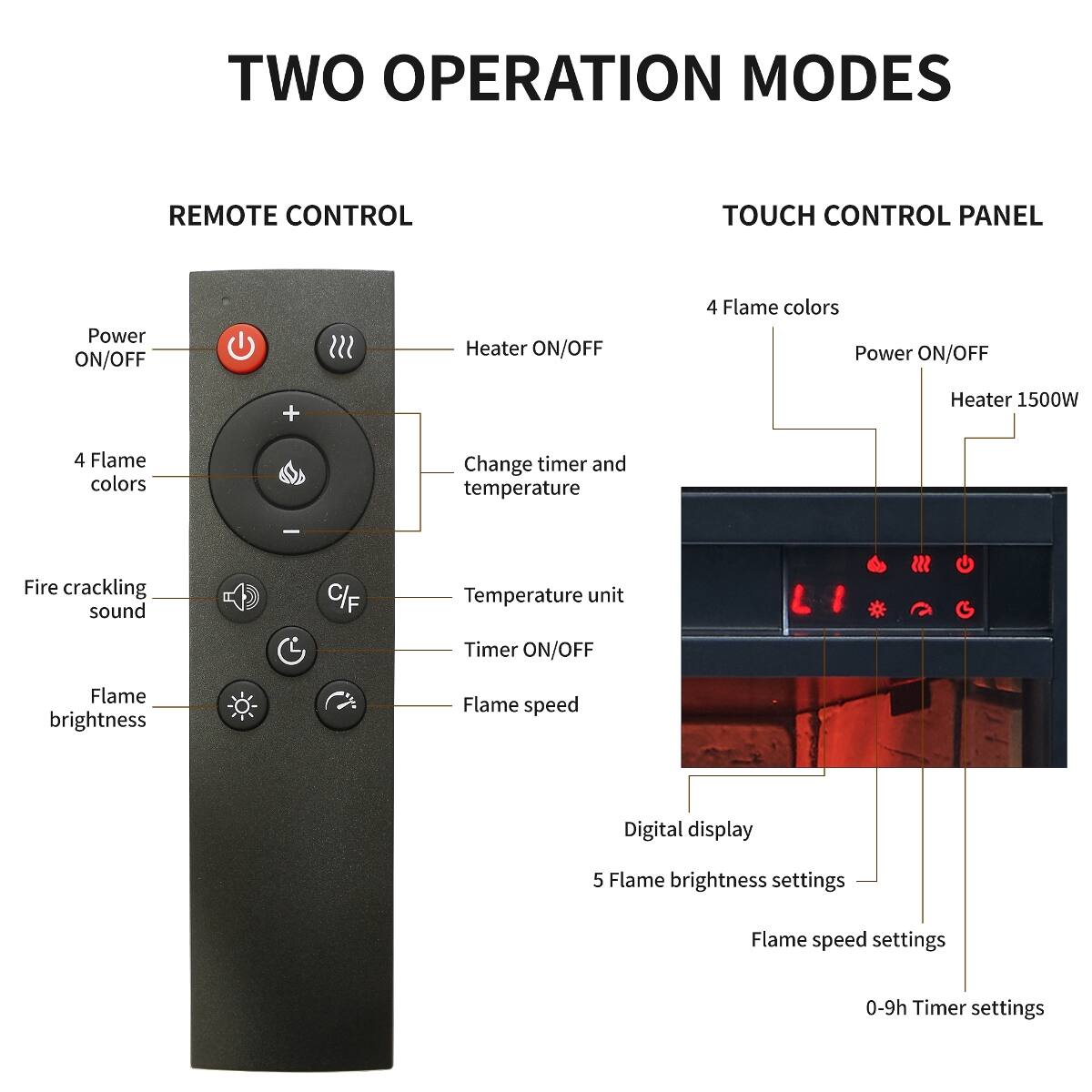 TWO OPERATION MODES

REMOTE CONTROL
- Power ON/OFF
- Heater ON/OFF
- 4 Flame colors
- Change timer and temperature
- Fire crackling sound
- Flame brightness
- Flame speed

TOUCH CONTROL PANEL
- 4 Flame colors
- Power ON/OFF
- Heater 1500W
- Temperature unit
- Timer ON/OFF
- Digital display
- 5 Flame brightness settings
- Flame speed settings
- 0-9h Timer settings