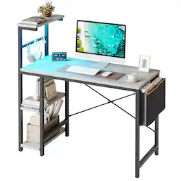 Bestier - 44 inch Gaming Desk with LED Lights, Reversible Storage Shelves & Side Storage Bag for Small Space - Retro Grey Oak Light