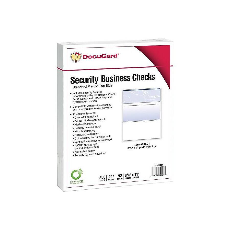 DocuGard  
Security Business Checks  
Standard Marble Top Blue  
Includes security features recommended by the National Check Fraud Center and Check Payment Systems Association with most accounting and money management software.  
11 security features:  
- Check-21 compliant  
- "VOID" hidden pantograph  
- Marble background  
- Security warning band  
- Microtext printing  
- DocuGard watermark  
- Coin-reactive ink on watermark number in watermark  
- Verification "VOID" pantograph  
- 7 perfs from top behind endorsement  
- Anti-splice backer  
- Security features described  

Item #04501  
3 1/2" & 7" perfs from top  

92 8 1/2" X 11"  
500 24 SECURITY CHECKS  
BRIGHT SHEETS  

elementree