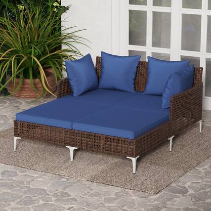 Front. Gymax - Gymax Outdoor Rattan Double Daybed Wicker Chaise Lounge for 2 w/ Seat & Back Cushions Navy - Blue.