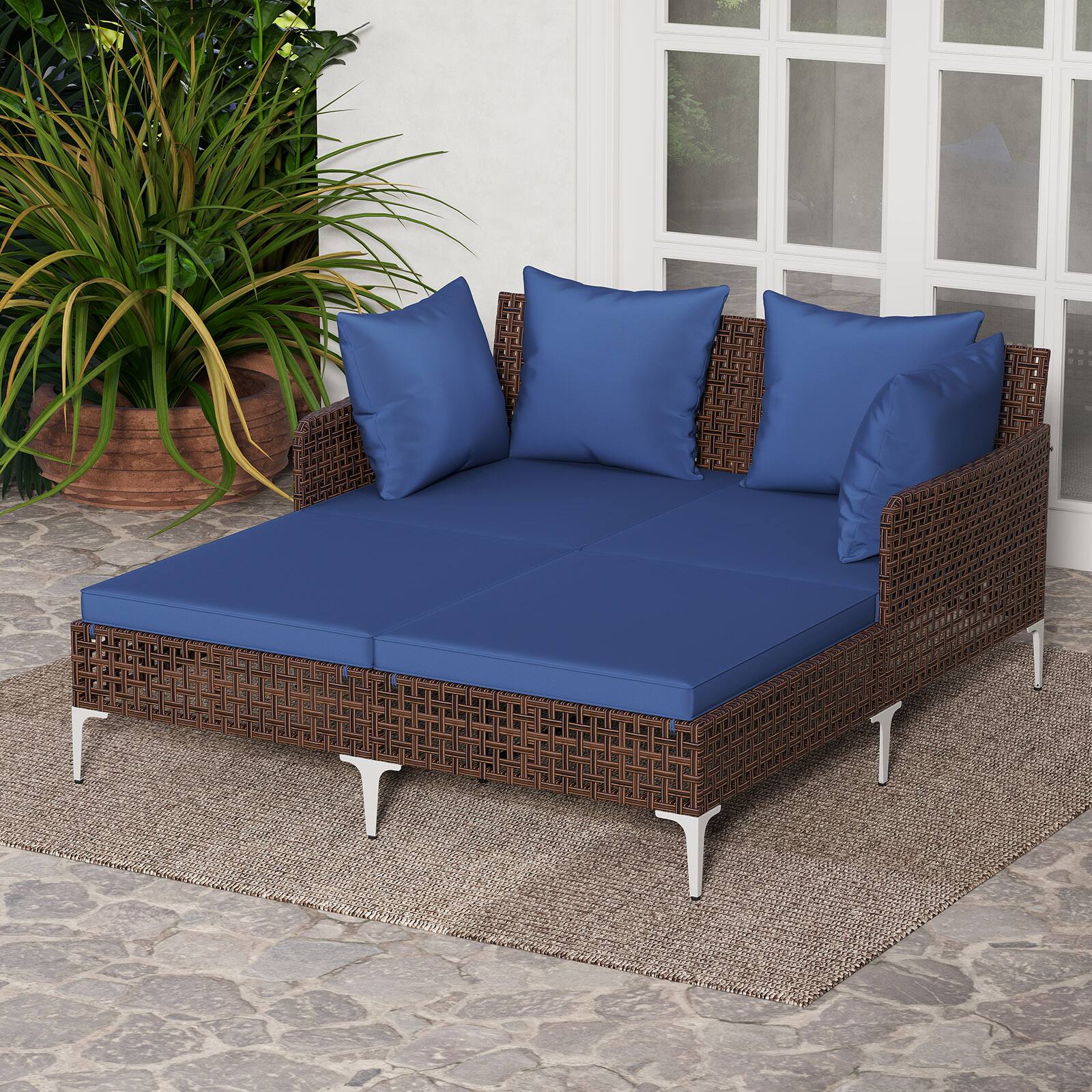 Front. Gymax - Gymax Outdoor Rattan Double Daybed Wicker Chaise Lounge for 2 w/ Seat & Back Cushions Navy - Blue.