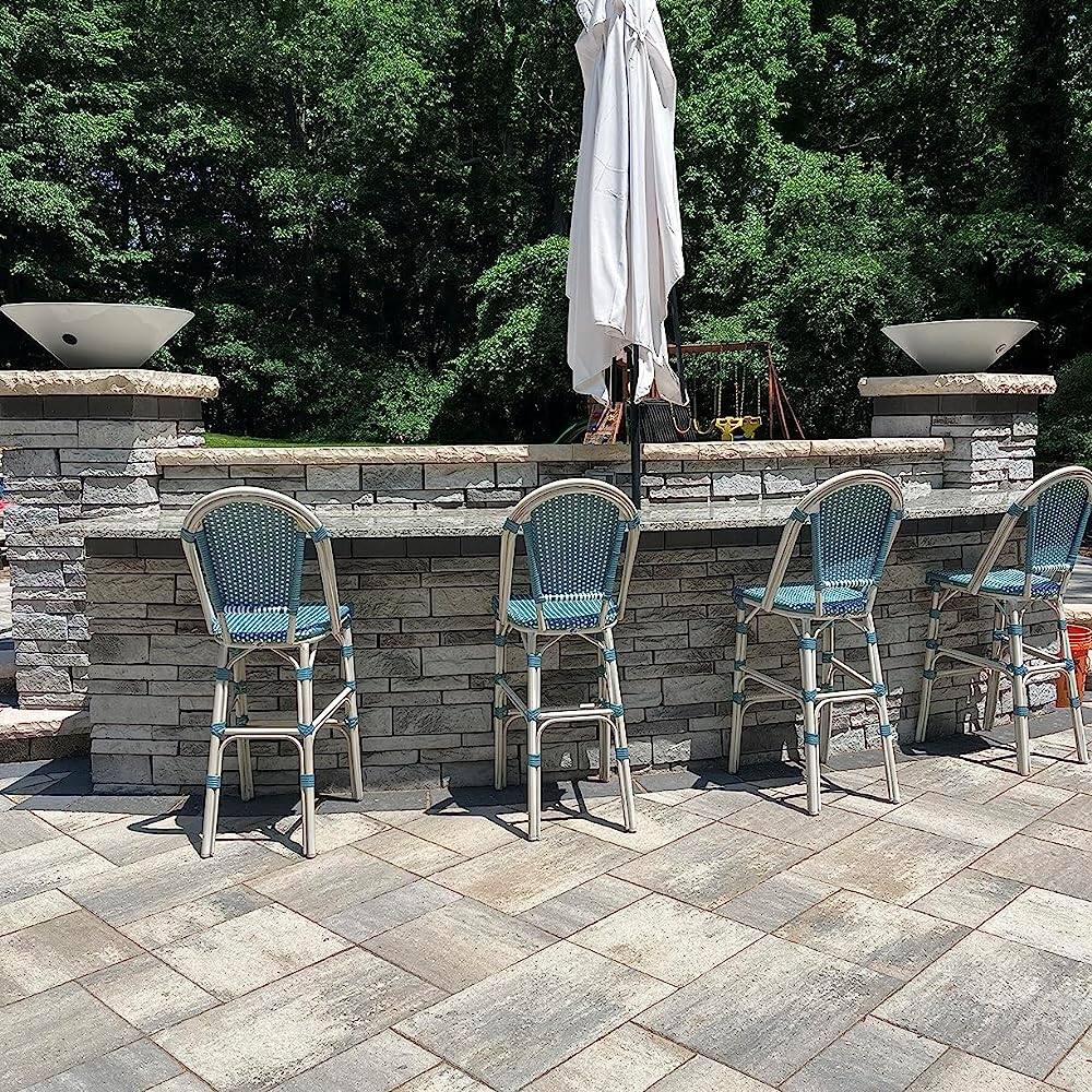 Back. PURPLE LEAF - French Bar Height Bar Stool Set of 2 Patio Bar Chairs with Back Rattan Bar Chairs French Bistro Set - White Frame/Light Blue-Bar Stool.