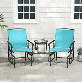Costway - Outdoor Bistro Sets Double Swing Glider Chair Rocker Glass Table Umbrella Hole - Turquoise