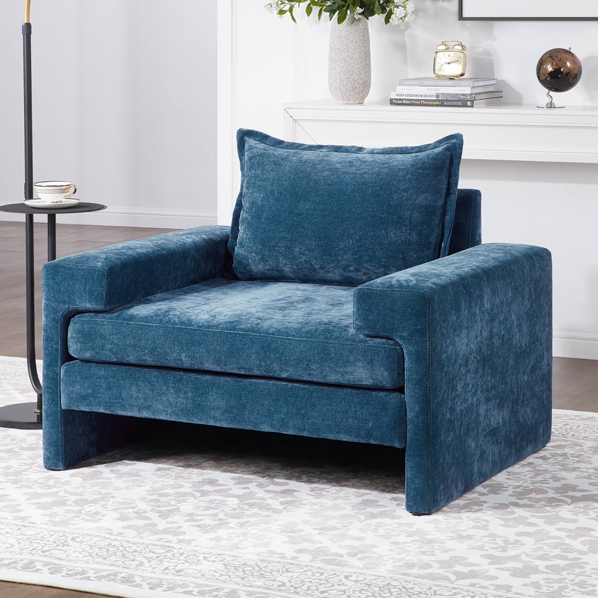Alt View 1. TinyHomie - Blue Chenille Upholstered Accent Armchair Wide Armrests Ergonomic Back - Blue.