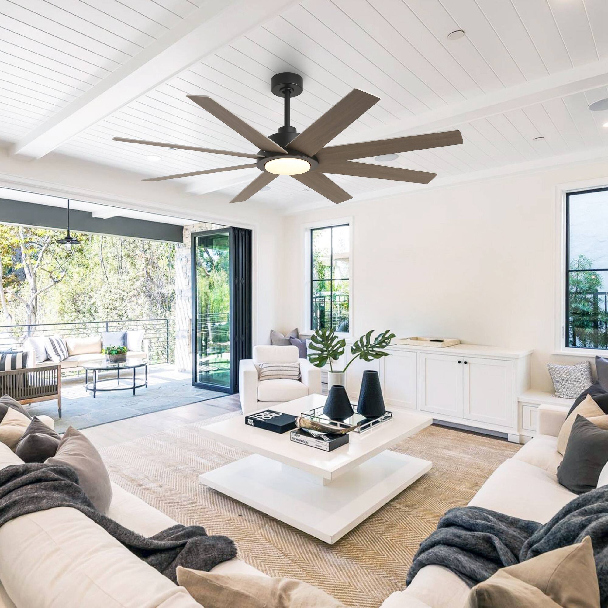 Angle. Parrot Uncle - 60" Farmhouse Large Windmill Dimmable Ceiling Fan with Light and Remote - Matte Black.