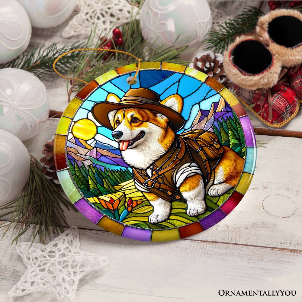 Back. OrnamentallyYou - Corgi Adventurer Stained Glass Style Ceramic Ornament Adorable Christmas Gift and Decor - Multi-colored.