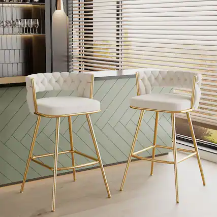 Front. Vecelo - Bar Stools Set of 2, 26 inch Counter Height Bar Stools with Woven Back and Footrest for Kitchen Island Counter - White.