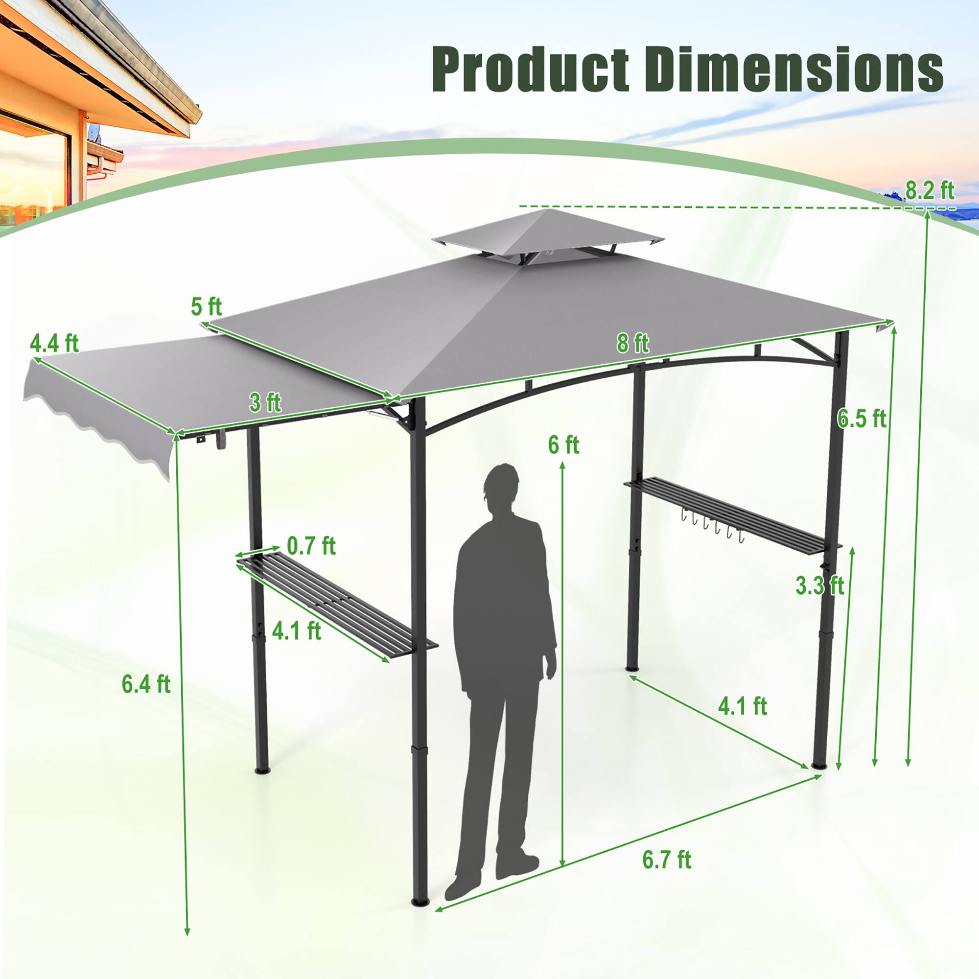 Product Dimensions: 8.2 ft, 4.4 ft, 5 ft, 8 ft, 3 ft, 6 ft, 6.5 ft, 0.7 ft, 3.3 ft, 4.1 ft, 6.4 ft, 4.1 ft, 6.7 ft