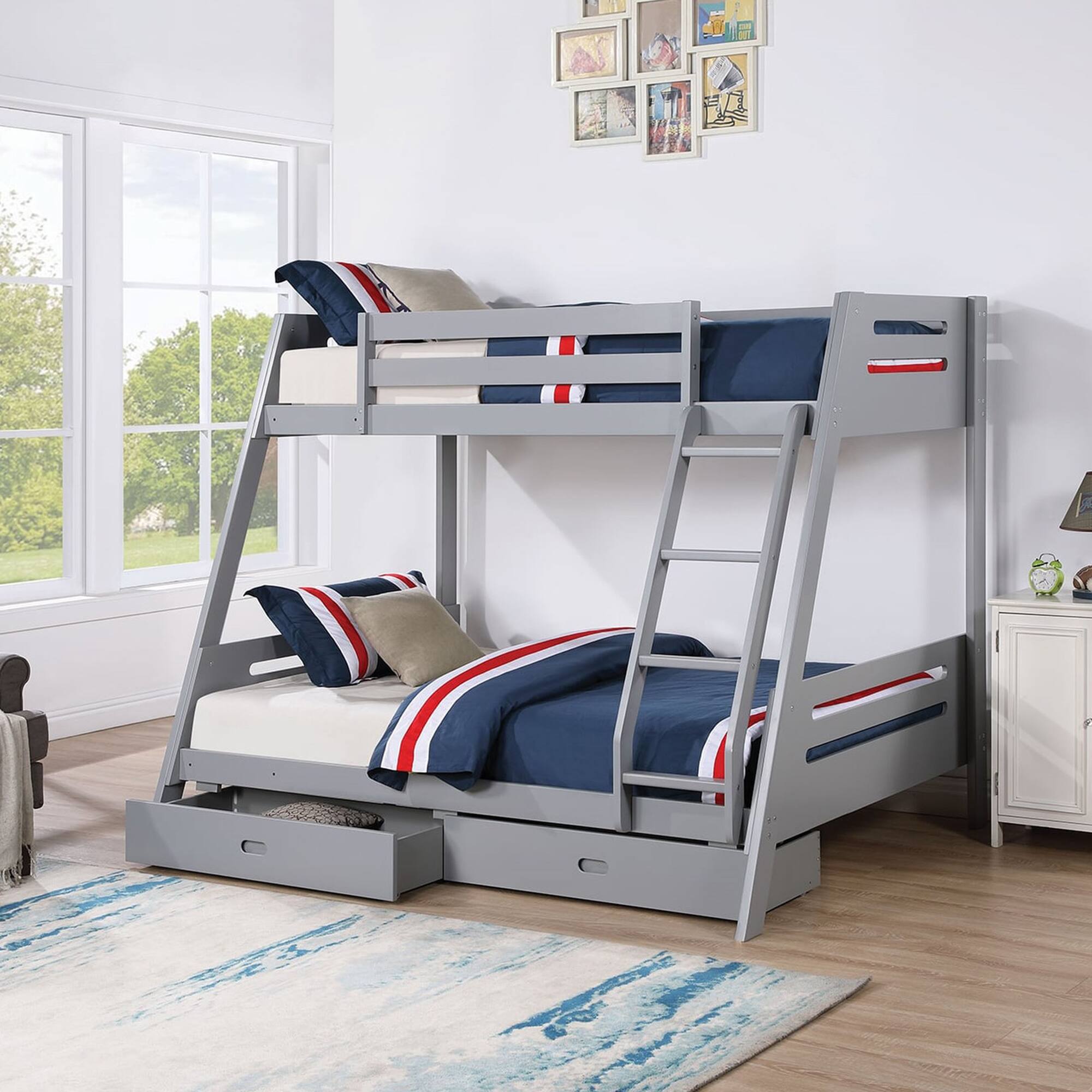 Back. Vaczon - Twin Over Full Bunk Bed with Underbed Storage Drawers, Solid Wood Frame, Built-in Ladder and Safety Guardrails - Gray.