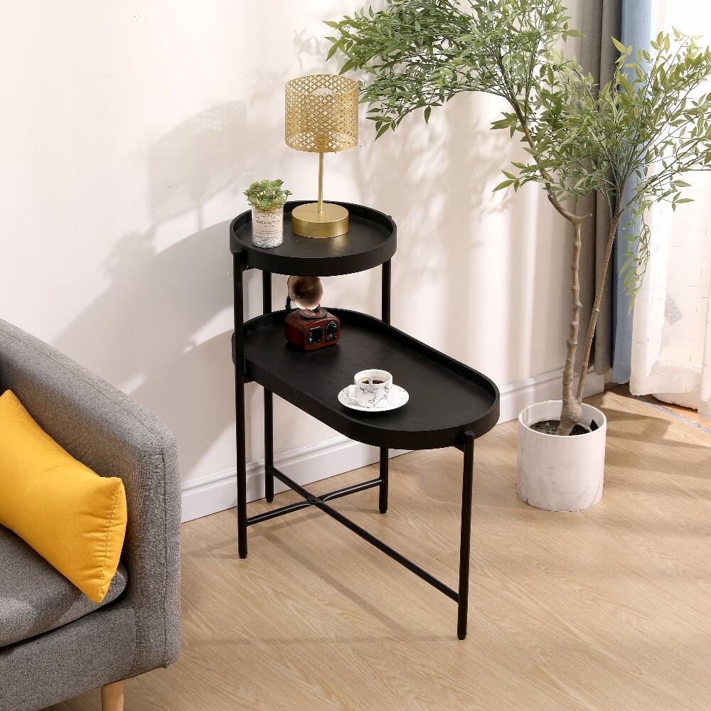 Left. Loheer - Loheer 2-Tier Black Side Table with Storage Metal Frame Wooden Desk End Table for Living Room - Black.