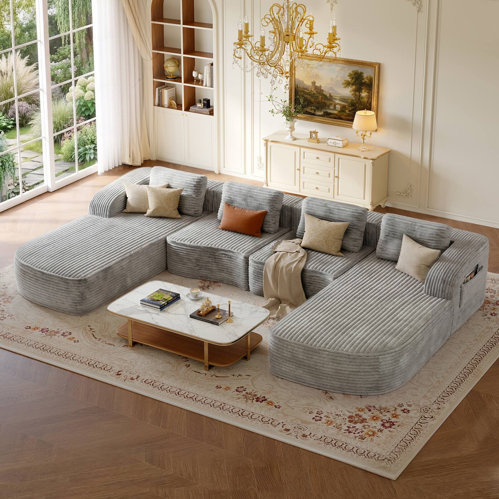 Left. Pinmoco - PINMOCO Modular Sectional Sofa, Sleeper Sofa Bed with 3 Pillows, Boneless Couch with Side Pockets - U-Shape Gray.