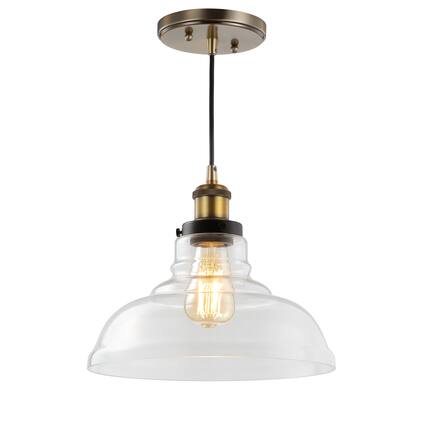 Front. Jonathan Y - Litchfield 11" Farmhouse Metal/Glass LED Pendant, Brass Gold - Brass Gold.