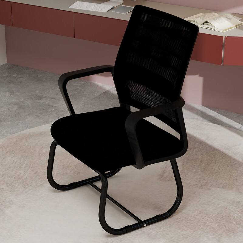 Front. HTUTWOO - Office Chair No Wheels - with Mesh Back, Modern Minimalist Armchair with Metal Frame,for Study Reading,Conference Room - Black.