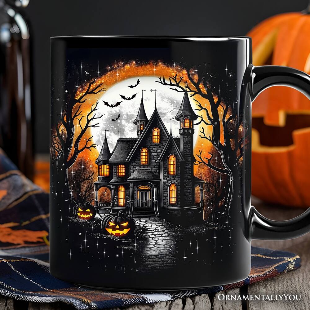Back. OrnamentallyYou - Haunted House Night Halloween Mug, Spooky Horror Gift - Black.