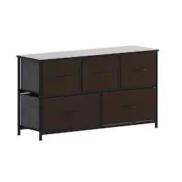 Emma + Oliver - Marley 5 Drawer Storage Dresser with Cast Iron Frame, Wood Top, and Easy Pull Fabric Drawers with Wooden Handles - Brown Drawers/Black Frame