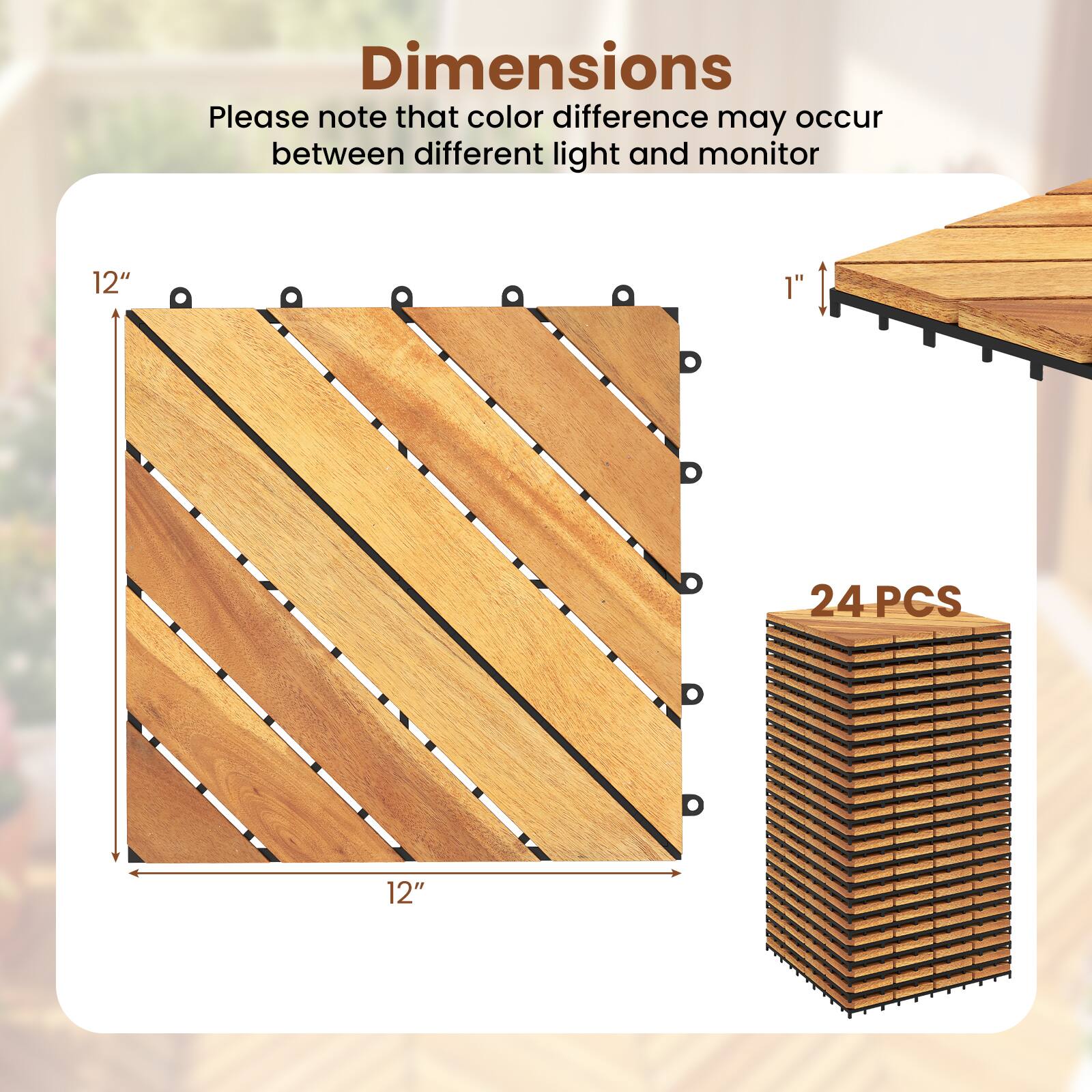 Dimensions  
Please note that color difference may occur between different light and monitor  
12" x 1"  
24 PCS