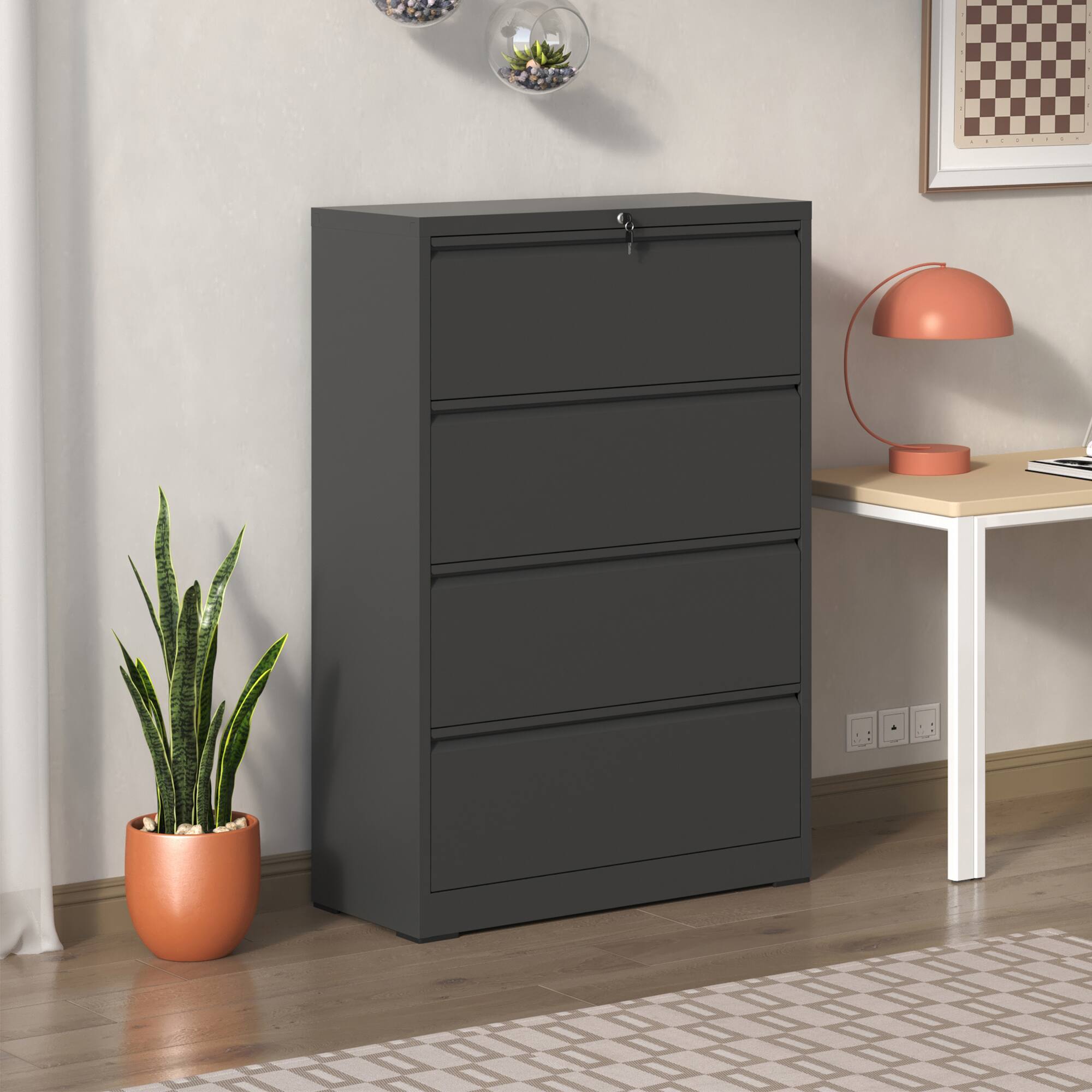Angle. Spaco - Lateral File Cabinet 4 Drawer, Black Metal Locking, Home Office Storage, Legal Letter - White.