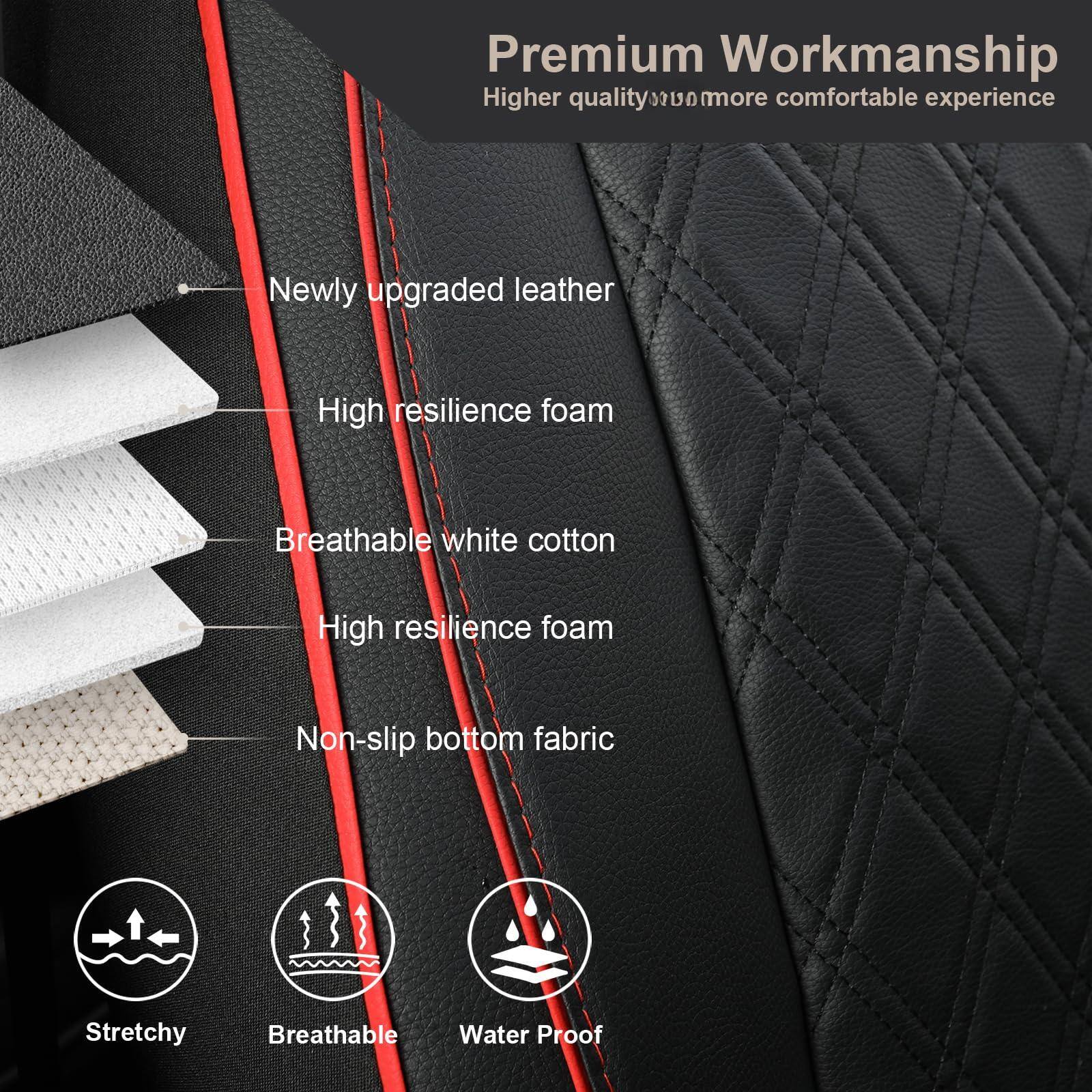 Premium Workmanship  
Higher quality = more comfortable experience

- Newly upgraded leather
- High resilience foam
- Breathable white cotton
- High resilience foam
- Non-slip bottom fabric

Stretchy  
Breathable  
Water Proof