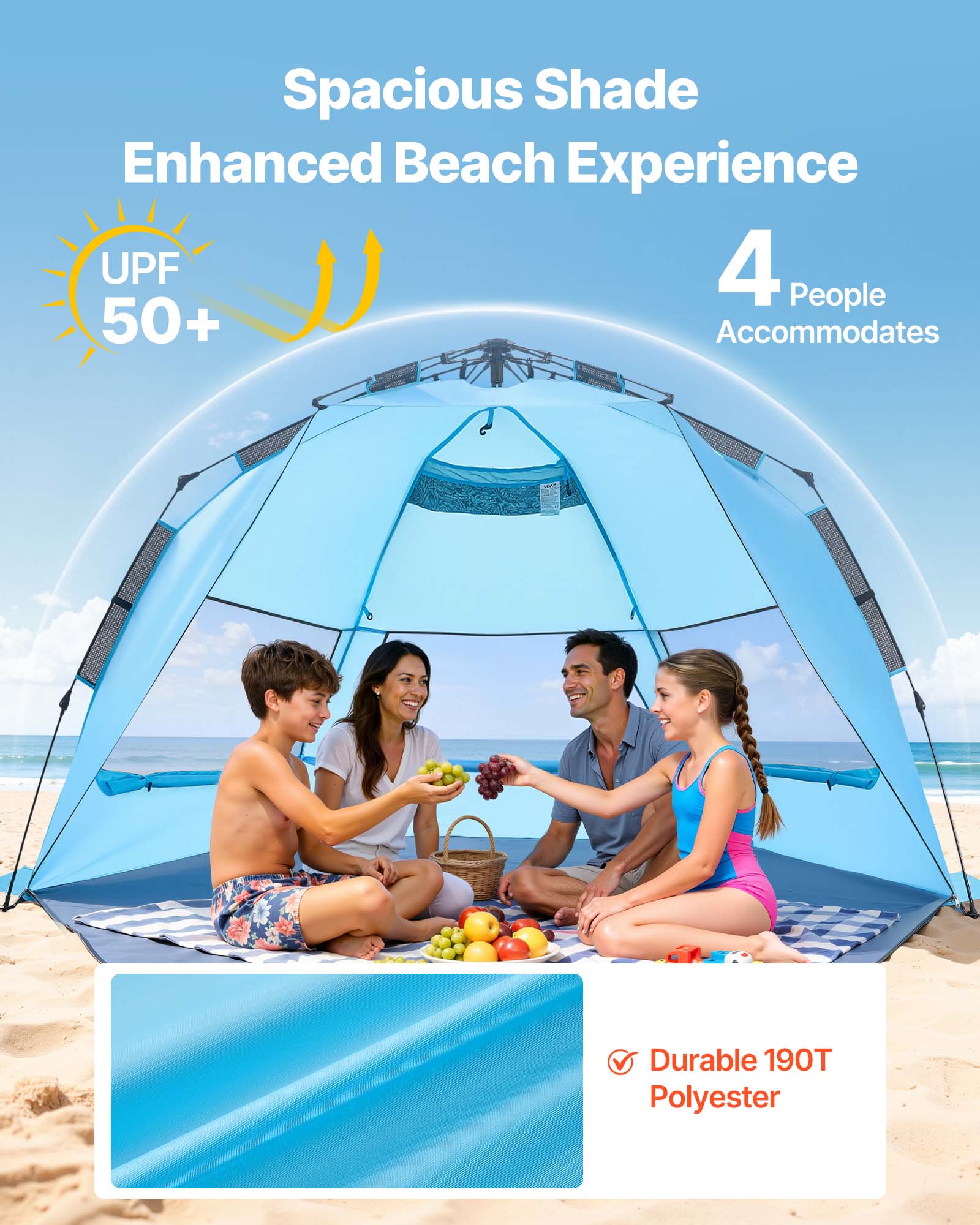 Spacious Shade Enhanced Beach Experience  
UPF 50+  
4 People Accommodates  
Durable 190T Polyester
